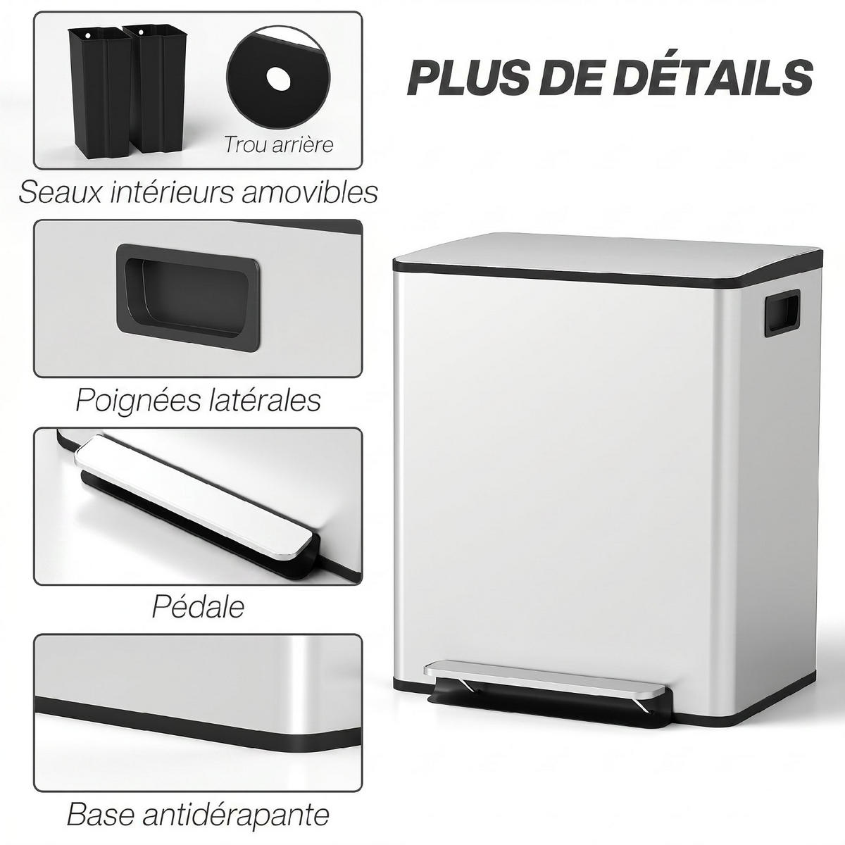 MÜLLTRENNSYSTEM 50L Doppel-Mülleimer Edelstahl Silber 47,7/37,5/56 cm - Silberfarben, Metall (37.5/56/47.7cm) - Rolipo