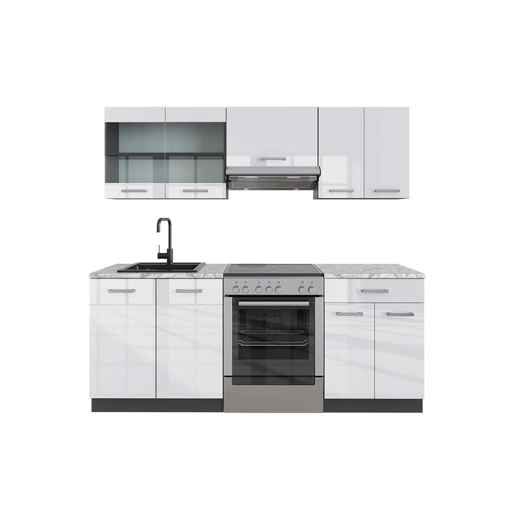 KÜCHENZEILE R-Line Weiß Hochglanz/Anthrazit 200 cm, AP Marmor - Weiß Hochglanz/Anthrazit, Holzwerkstoff (200/81.6/60cm) - Vicco