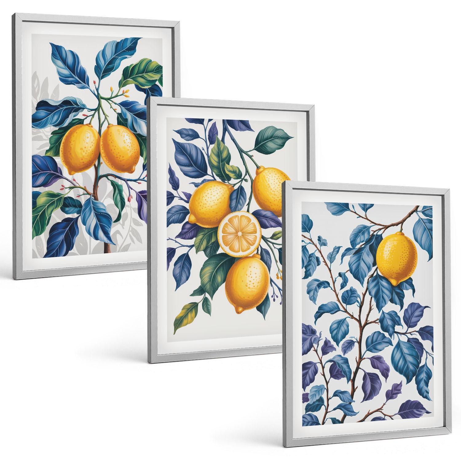 BILDER SET 3er Set - 40x60 cm Silberner Rahmen - Zitronenzweige mit blauen Blättern - Silberfarben, Kunststoff (40/60cm) - TULUP