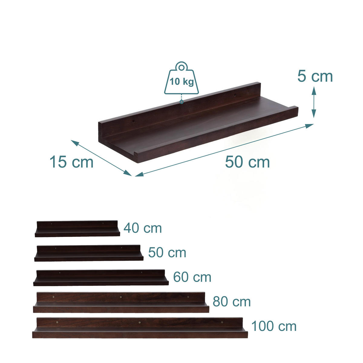 STENNÁ polica - tmavohnedá, drevo (50/5/15cm) - Relaxdays