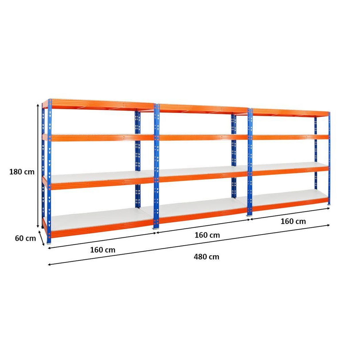 SCHWERLASTREGAL Rhino 3er-Set mit 3x 180x160x60 cm 4 Melamin-Ebenen 16mm Fachlast 500 kg Blau-Orange - Orange, Metall (480/180/60cm) - PROREGAL