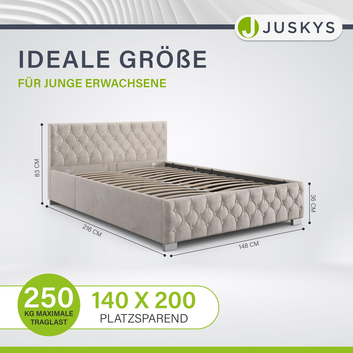 POLSTERBETT Nizza Beige 140x200 cm mit Matratze - Beige, Holz (140/200cm) - Juskys