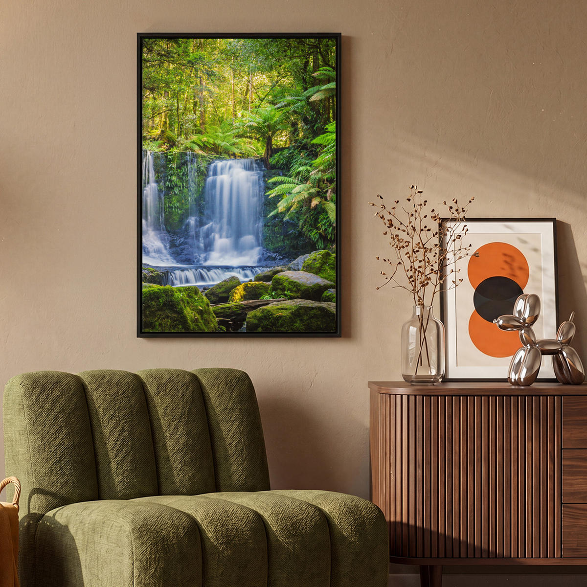 LEINWAND Bilder mit Rahmen - Dschungel - Wasserfall - Australien - Pflanzen - Natur - 60x90 - Dunkelgrün, Textil (60/90cm) - MuchoWow