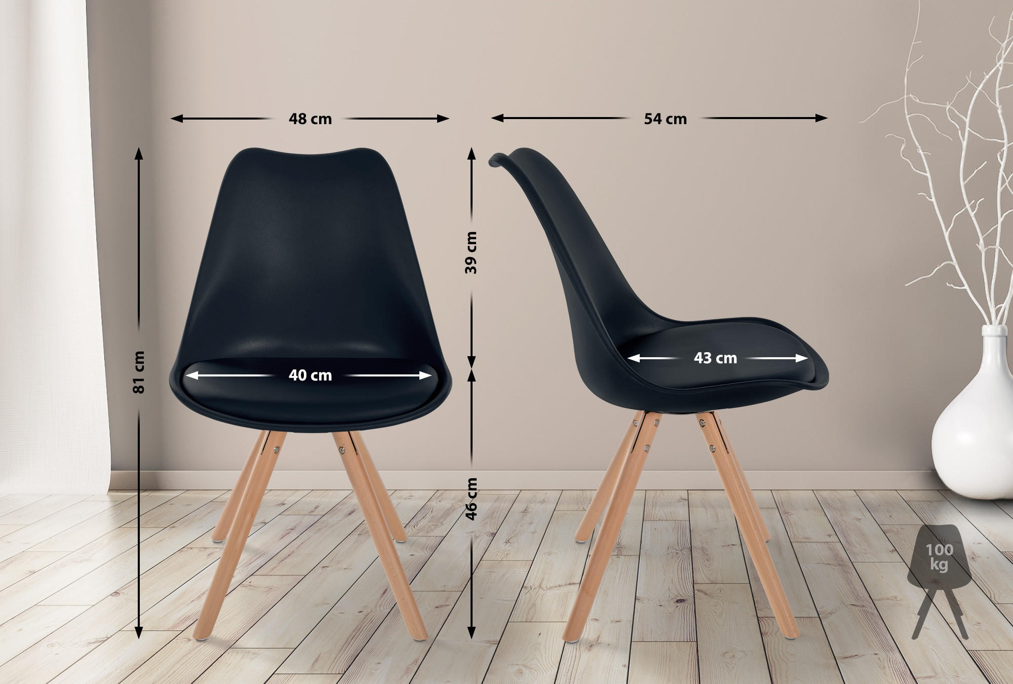 STUHL 4er Set Kunststoff schwarz - Eukalyptusholzfarben/Schwarz, Holz/Kunststoff (48/81/54cm) - CLP