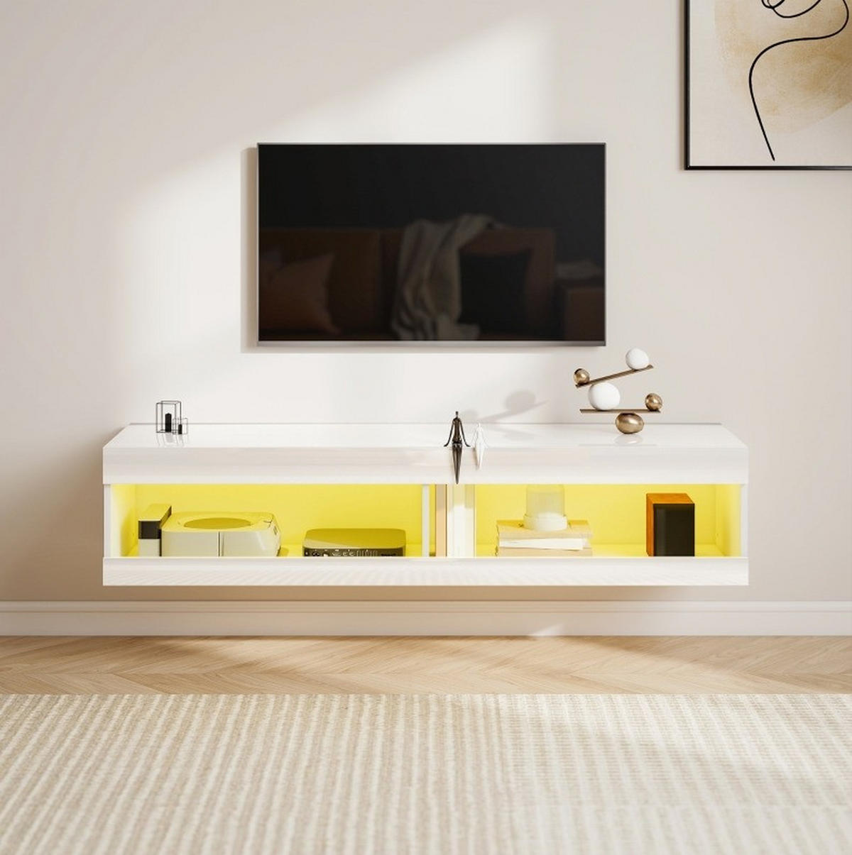 VISEĆI TV ormarić 140/40/30 cm sjajno bijeli od drva s RGB LED rasvjetom i upravljanjem kabela - bijela, drvni materijal (140/30/40cm) - OKWISH