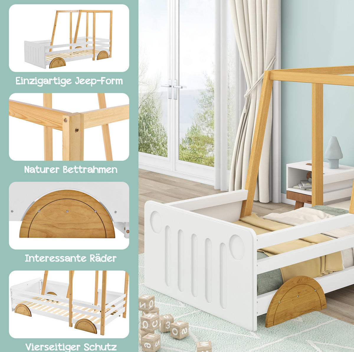 DETSKÁ posteľ 90/200 cm z borovice a MDF, biela a prírodná, v tvare auta - biela, drevo (90/200cm) - BEAOK