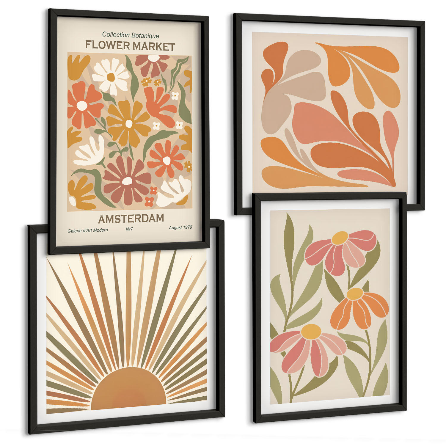 BILDER SET 4er Set - 50x50 cm & 40x60 cm Schwarzer Rahmen - Pastellfarbene Sonnenblumen - Schwarz, Kunststoff (50/50cm) - TULUP