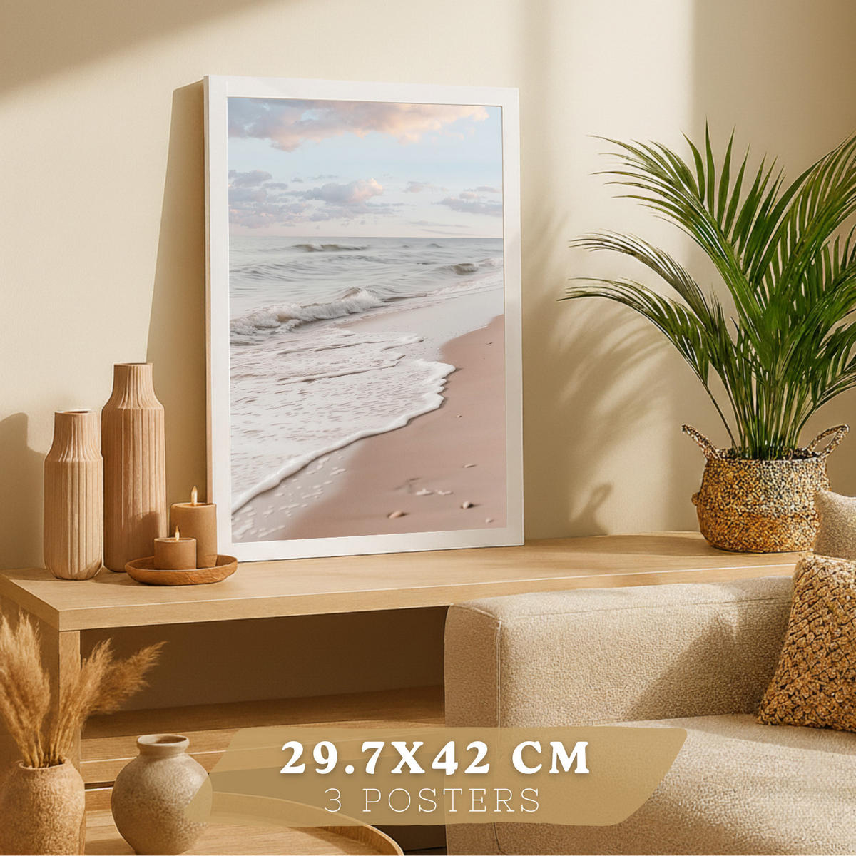 PLAKAT Sada tří dekorativních plážových tisků, moře. Dekorativní nástěnné tisky. nástěnný plakát. Koupelnové malby, domov.Velikost A3 Bílý rám - bílá, papír (29.7/42/3cm)