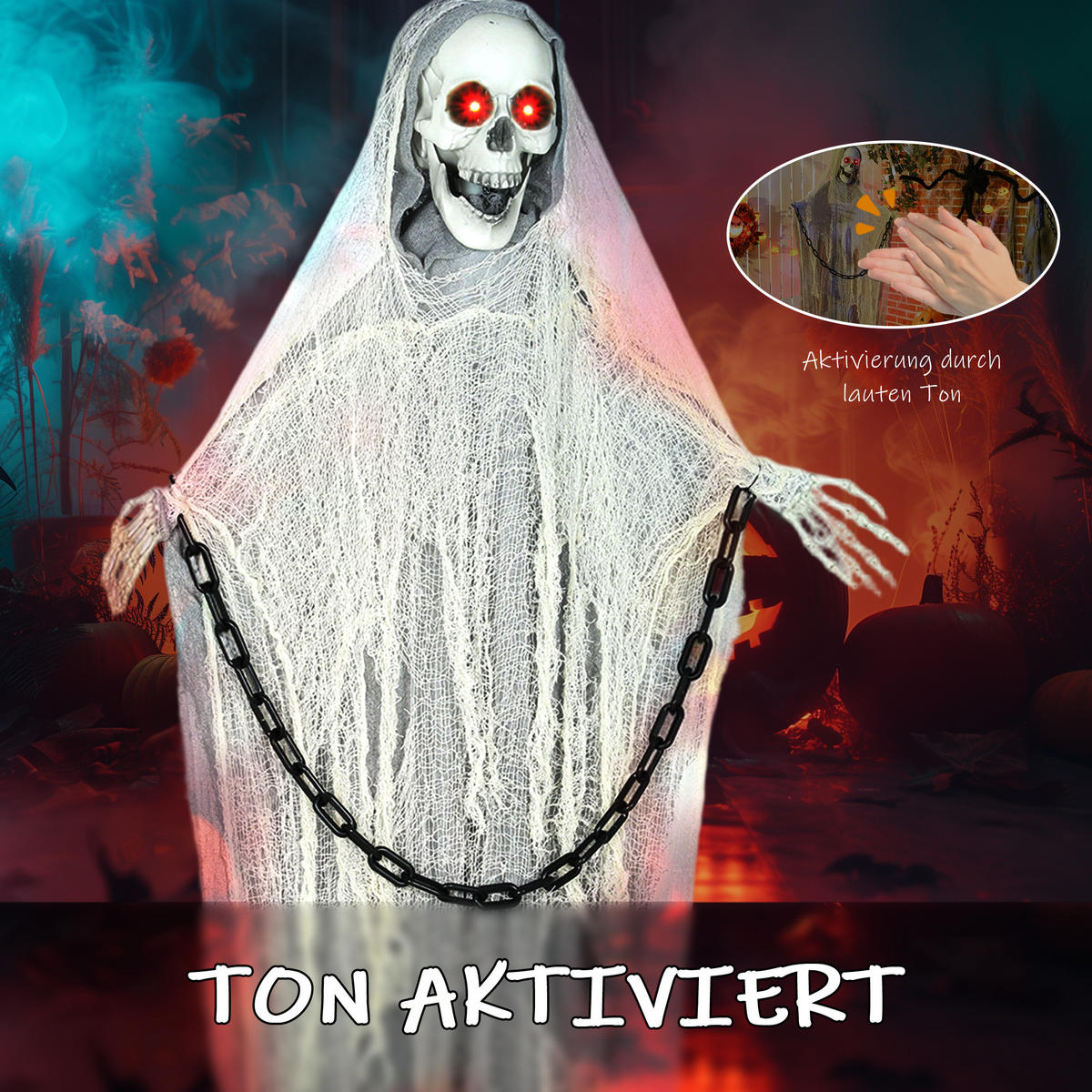 HALLOWEEN-DEKORATION Sensenmann 183 cm mit LED-Lichter, Soundfunktion - Grau, Textil (16/183/70cm) - Outsunny