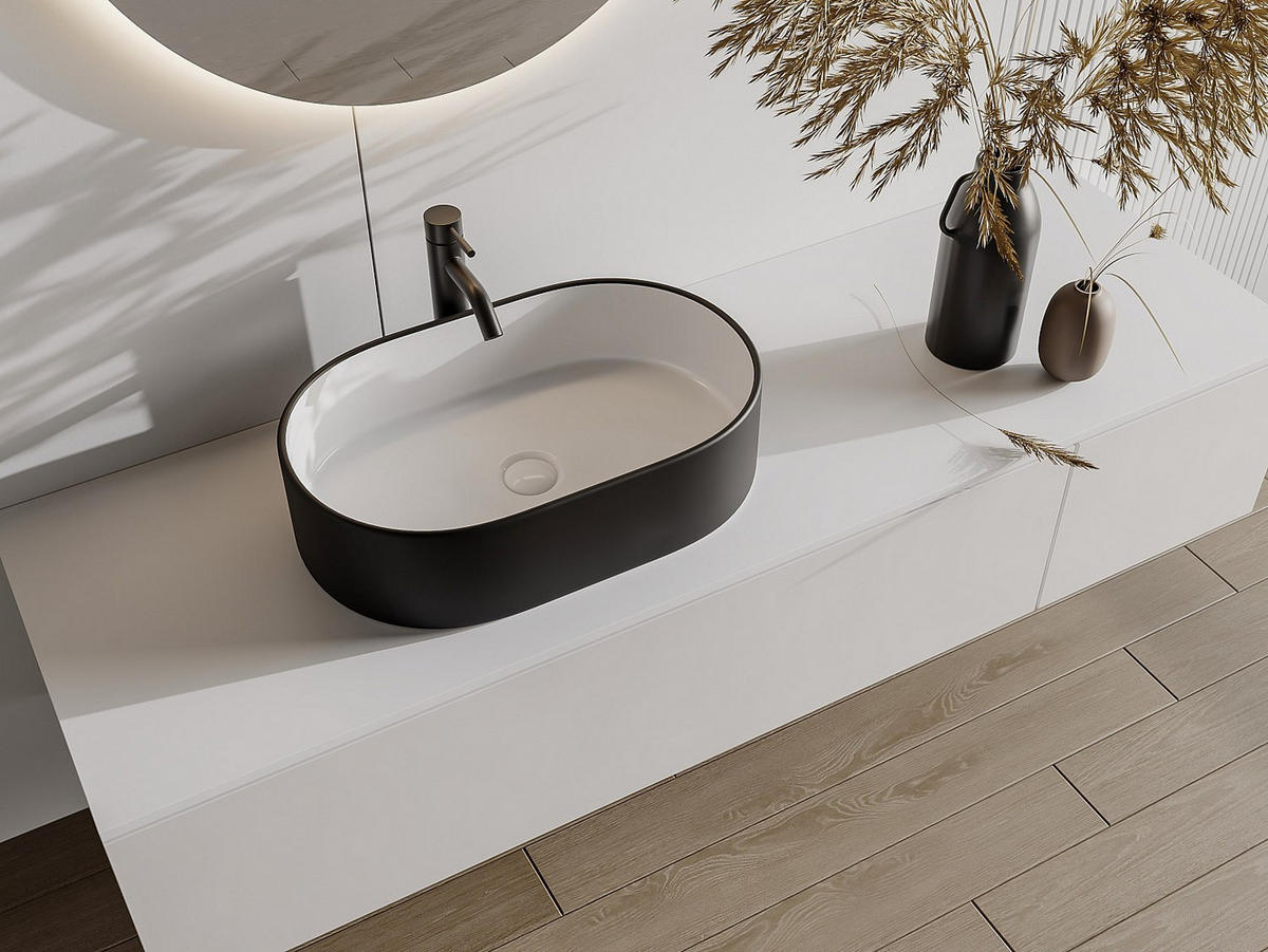 AUFSATZWASCHBECKEN - 56cm x 35.5cm - Keramik - schwarz, weiß - IWA - Schwarz, Keramik (56/14.5/35.5cm) - Vente-Unique