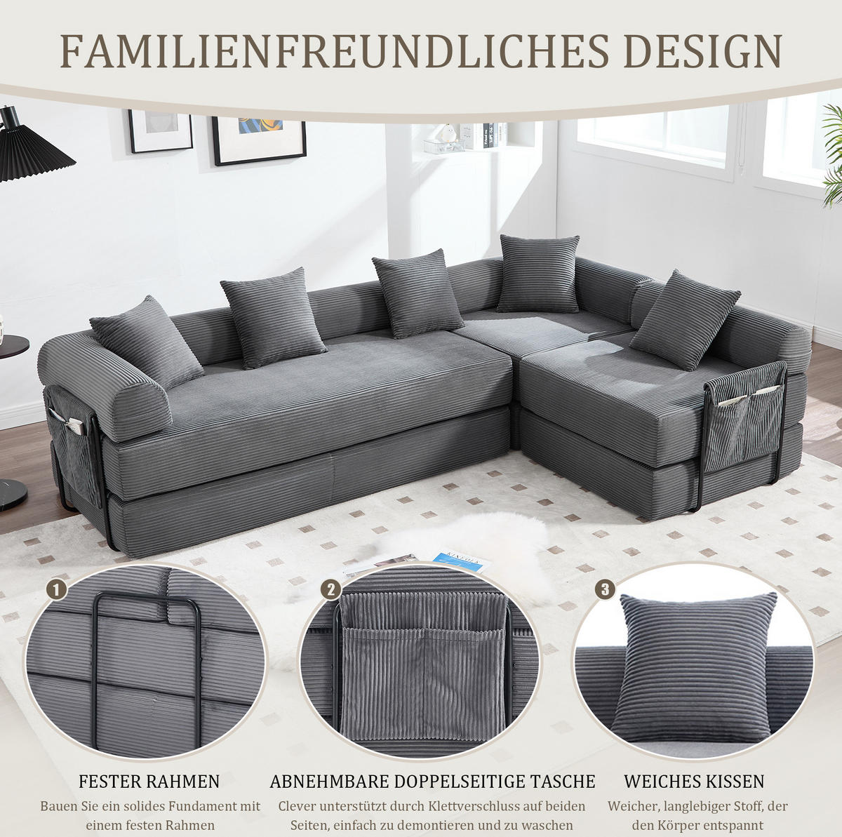 MODULARES Sofa 270/180/64 cm aus Cord mit Schlaffunktion und Seitentasche Dunkelgrau - Dunkelgrau, Textil (180/64/270cm) - Modenvie