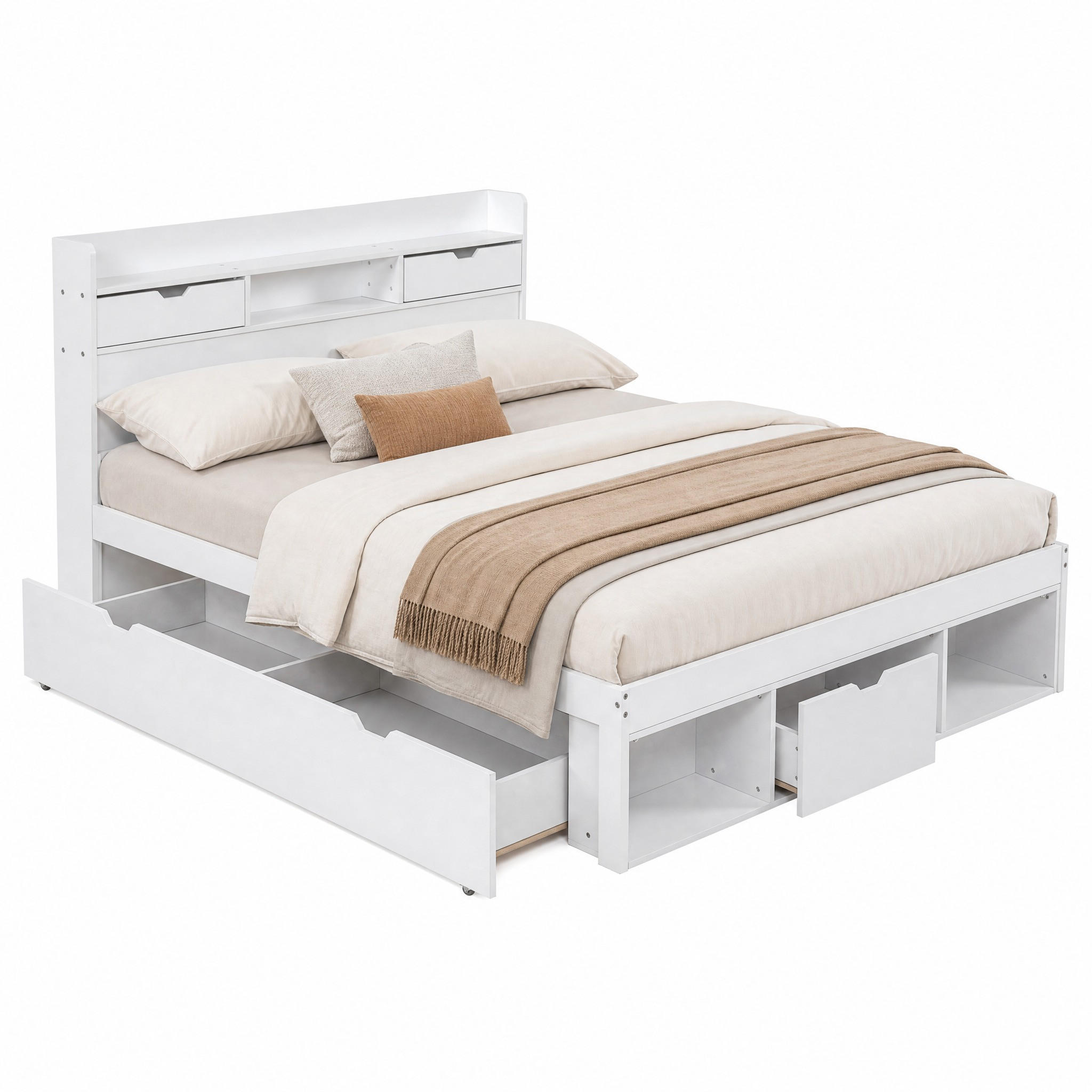 BETT mit Stauraum 140x200 cm Weiß mit USB und Schubladen - Weiß, Holz (140/200cm) - Meubliv