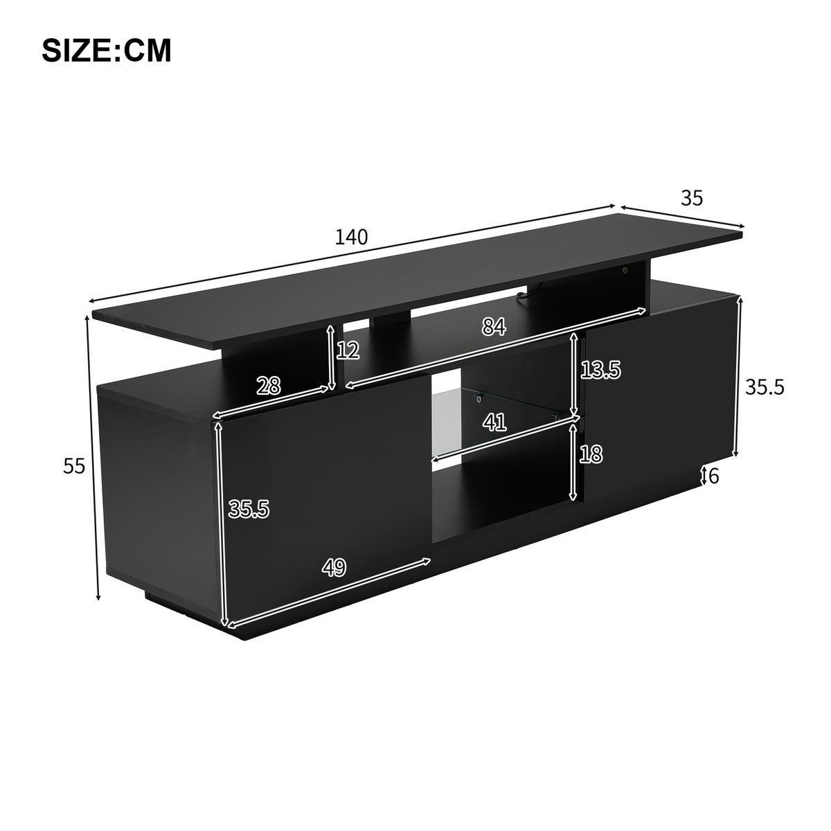 TV-RACK 140/35/55 cm Natürlich mit 16-Farben-LED-Beleuchtung - Schwarz, Holz (140/55/35cm) - Oxeza