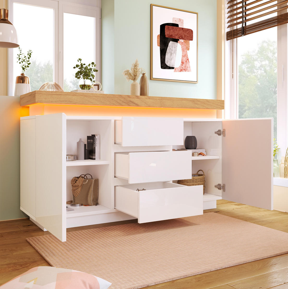 KOMMODE 140/39/81 cm in Weiß mit LED-Beleuchtung und 2 Türen, 3 Schubladen - Weiß, Holzwerkstoff (140/81/39cm) - Flora Grace