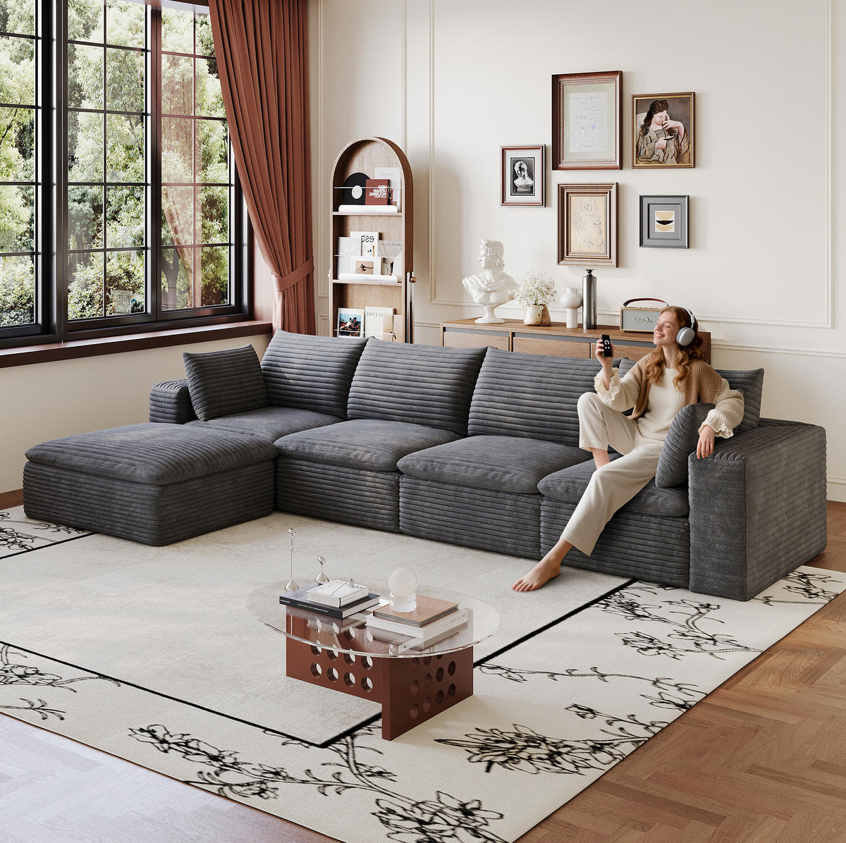 ECKSOFA aus Stoff 340 cm Dunkelgrau mit flexiblem Aufbau und Schaumstoffkern - Dunkelgrau, Textil (340/160cm) - Modfu