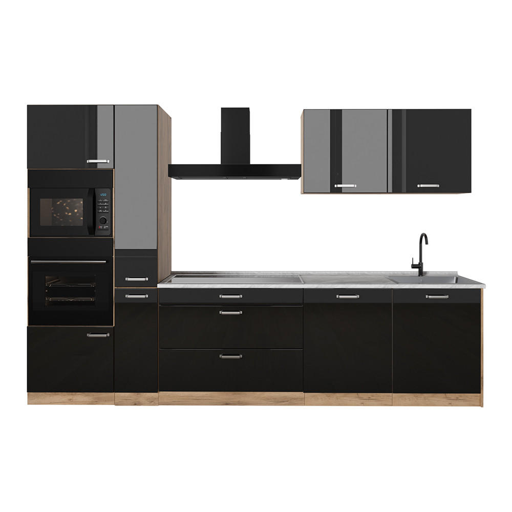 Vicco Küchenzeile Schwarz Hochglanz, Eiche 310x206.8x60 cm
