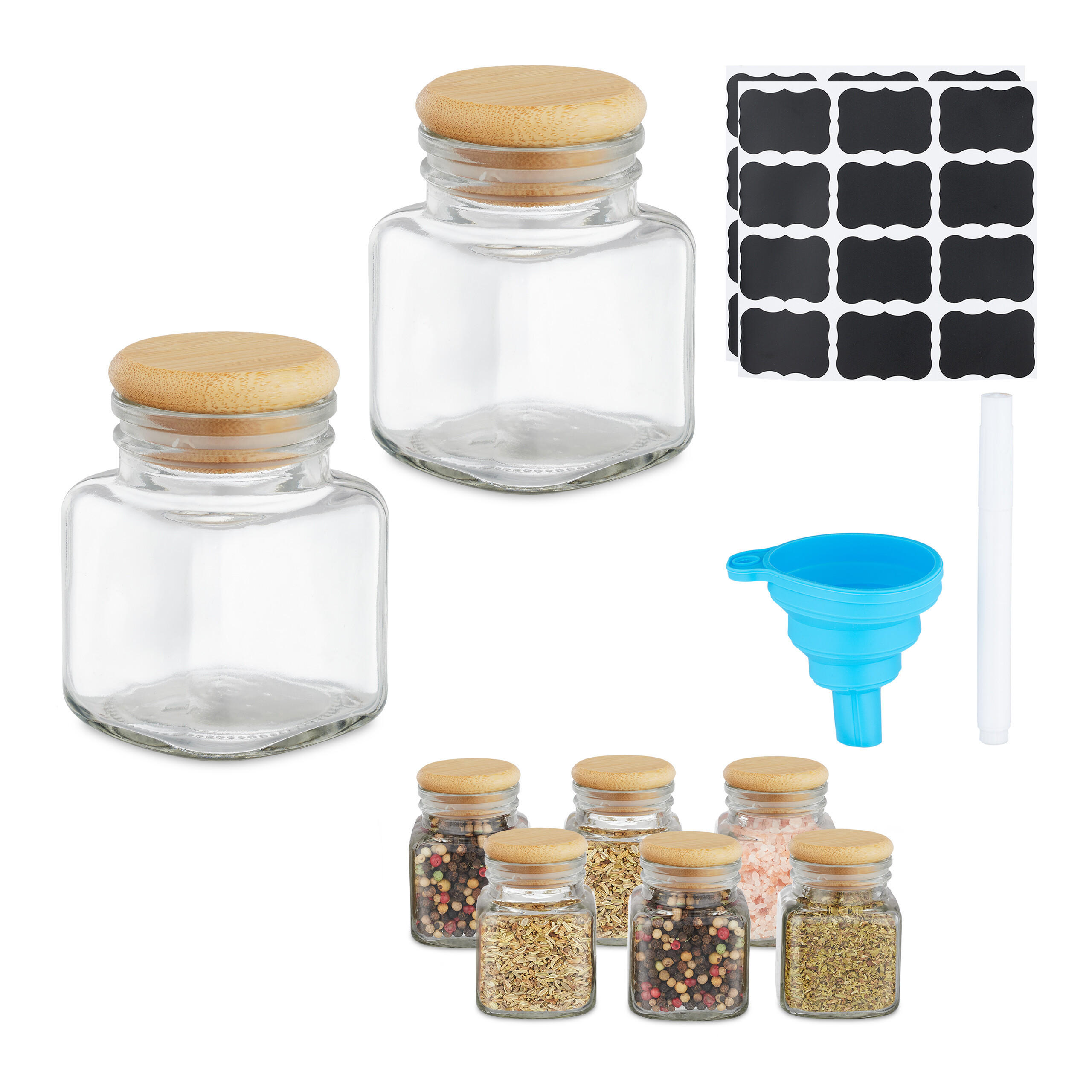 8xGEWÜRZGLÄSER - Transparent, Glas/Holz (5/7.5/5cm) - Relaxdays