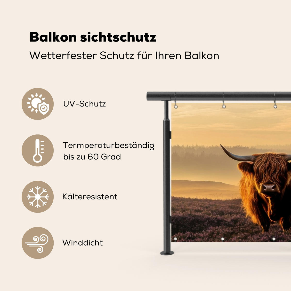 BALKON-SICHTSCHUTZ Schottische Hochlandbewohner - Heide - Landschaft - Tiere - Cognac, Kunststoff (300/90cm) - MuchoWow