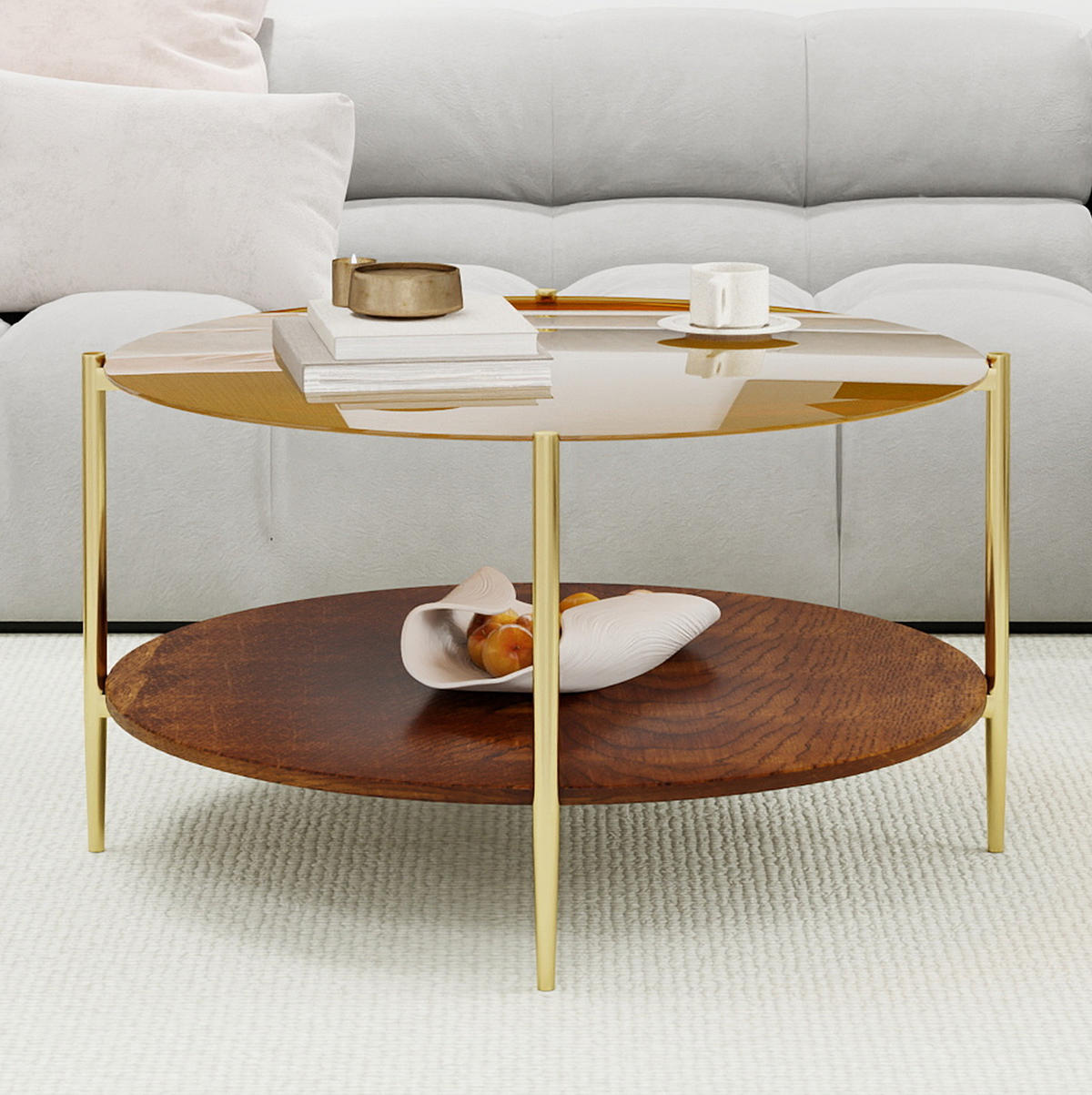 COUCHTISCH aus gehärtetem Glas, Metall und Holz Ø82x45 cm Gold mit Ablagefläche - Goldfarben, Glas (82/82/45cm) - IVMEU