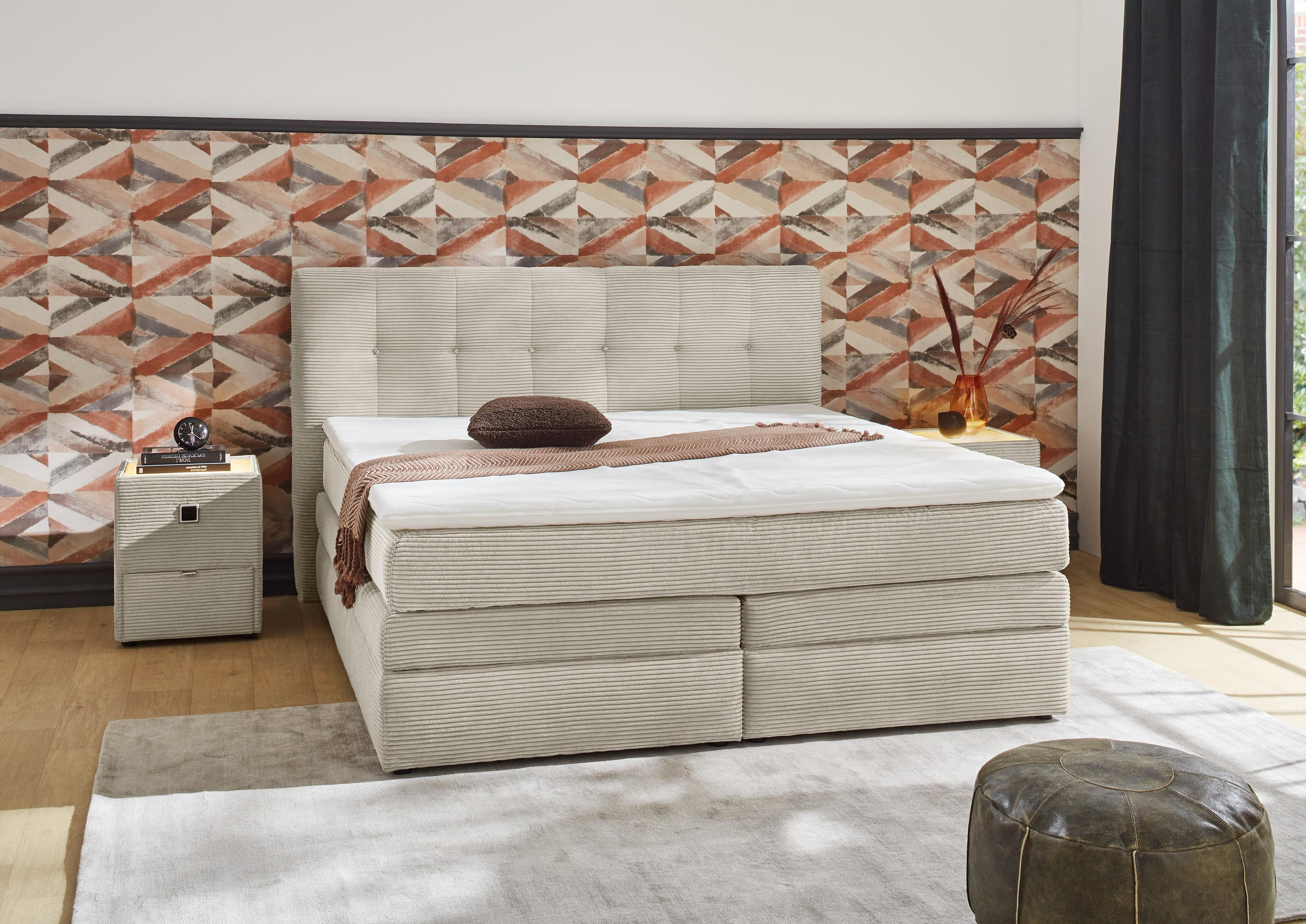 BOXSPRINGBETT 180x200 cm, 7-Zonen-Tonnentaschen-Federkernmatratzen H3, Topper, Bonell-Federkern, 2 Bettkästen, Cord Beige Grau / 20039 - Greige/Beige, Kunststoff/Textil (180/200cm) - luma-home