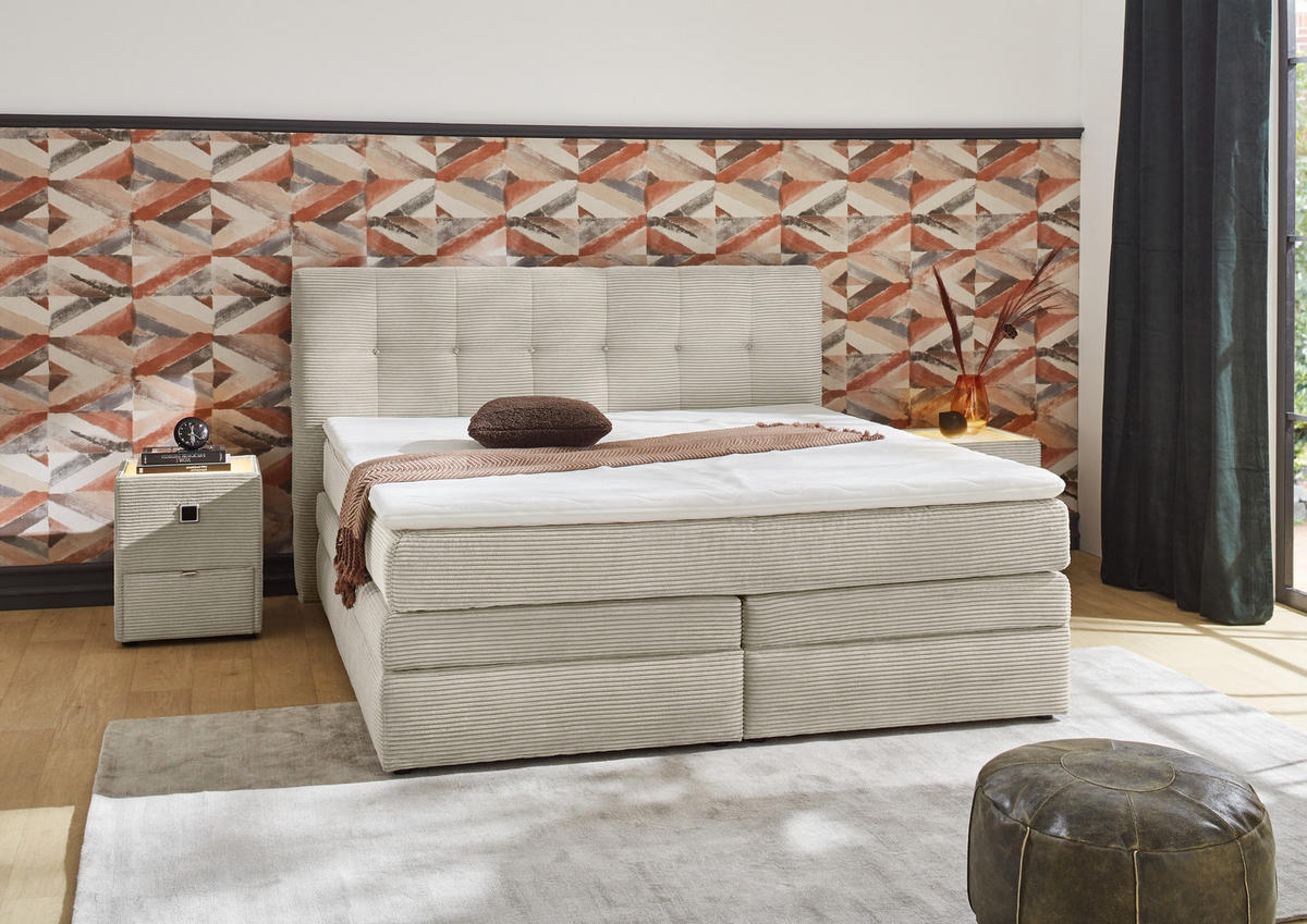BOXSPRINGBETT 180x200 cm, 7-Zonen-Tonnentaschen-Federkernmatratzen H3, Topper, Bonell-Federkern, 2 Bettkästen, Cord Beige Grau / 20039 - Greige/Beige, Kunststoff/Textil (180/200cm) - luma-home