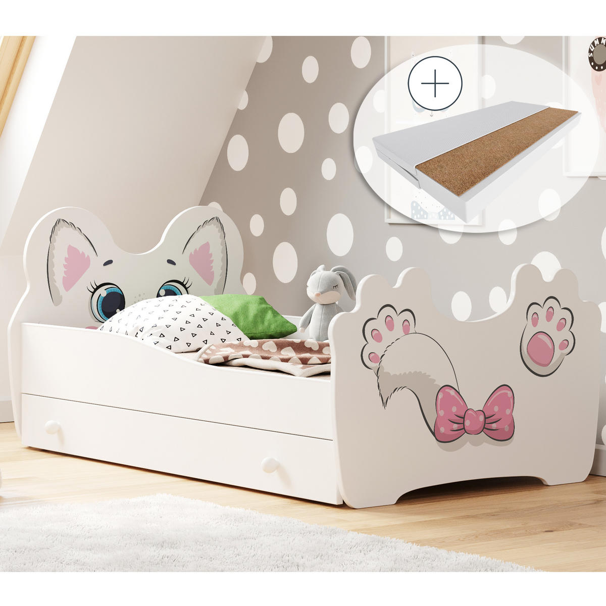KINDERBETT Pink Cat mit Schublade und Matratze - Weiß, Holzwerkstoff (70/140cm) - Kids Collective