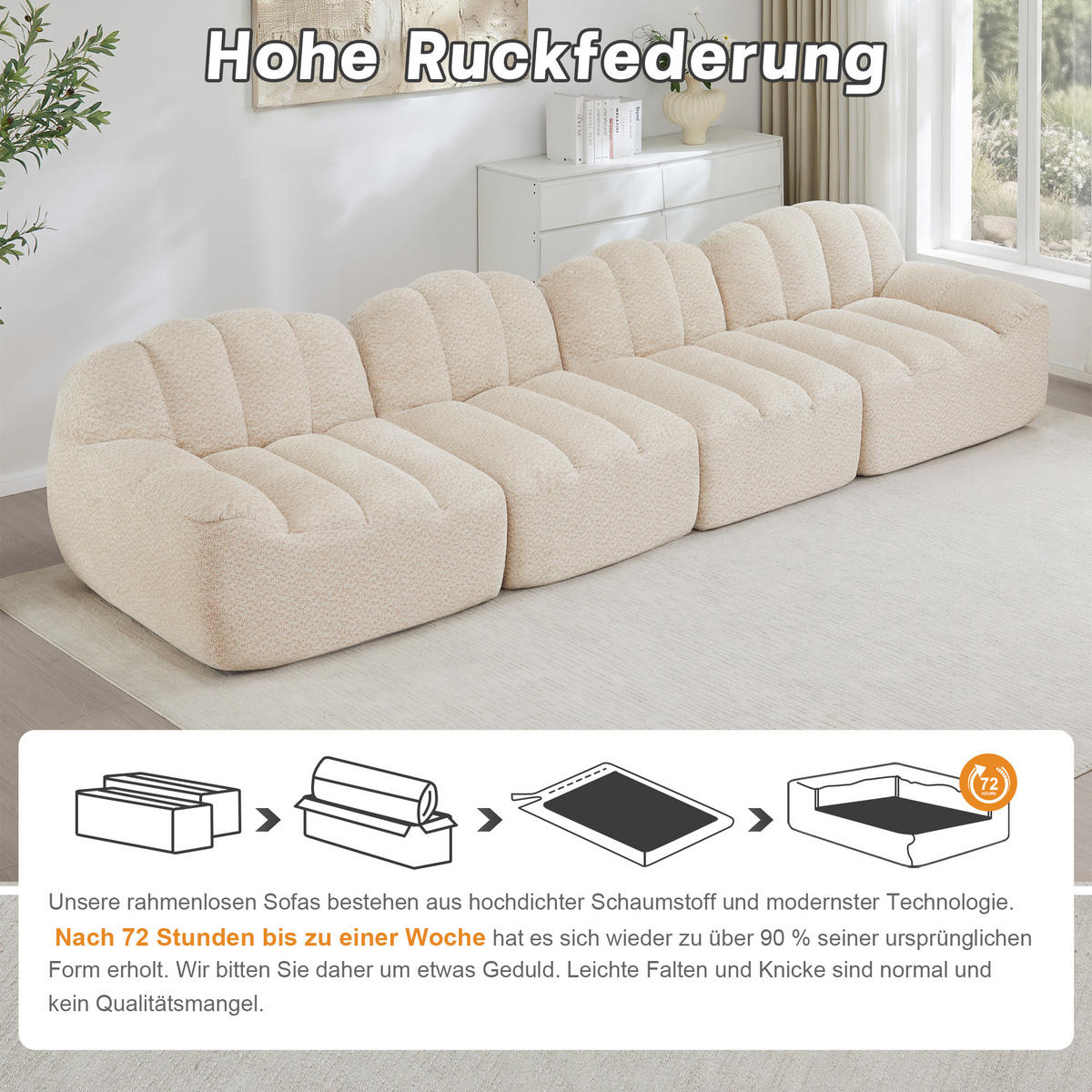 4-SITZER-SOFA DE-34312 Muschelform Beige - Beige, Textil (104/79/366cm) - ComfortXL