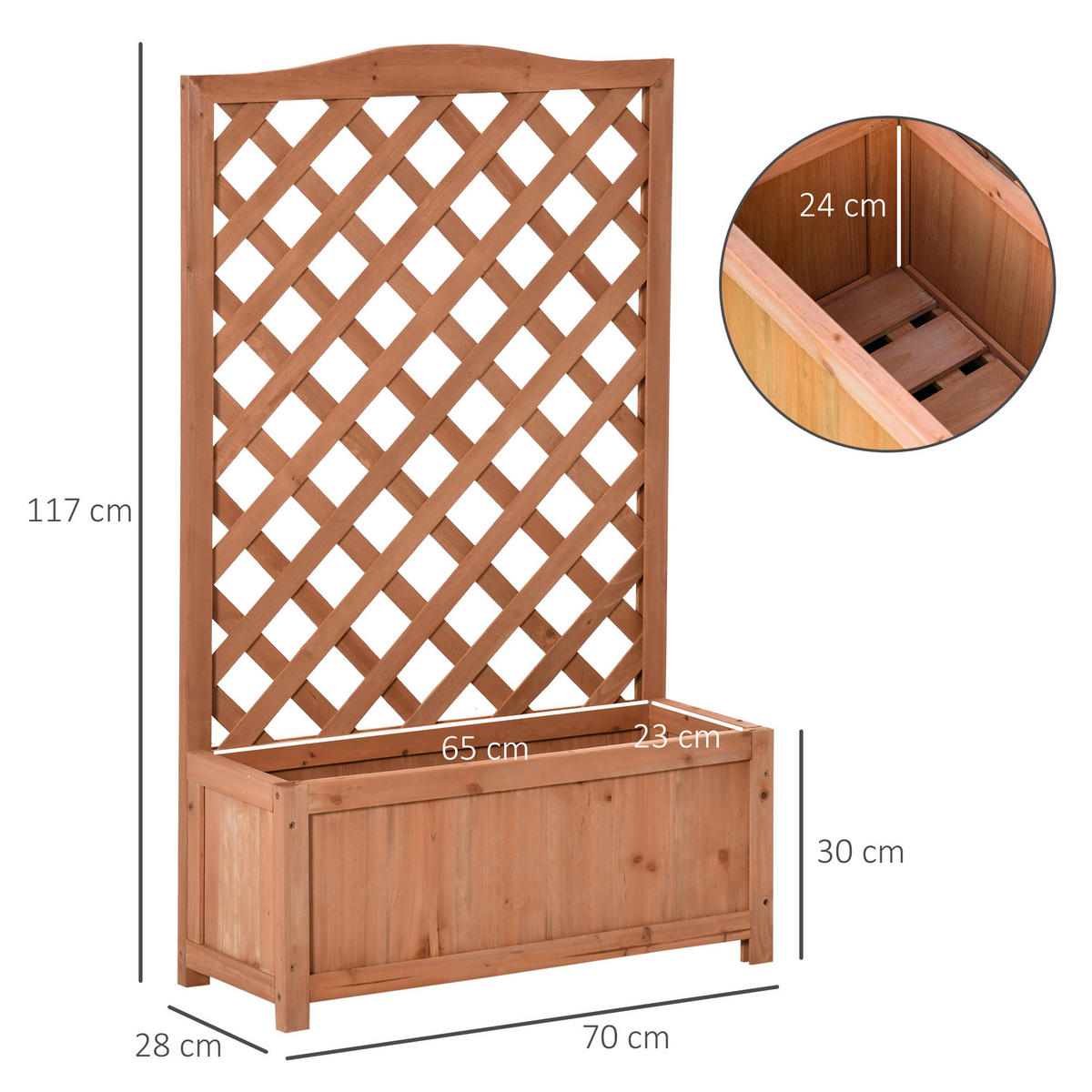 HOCHBEET DE-12233 mit Rankgitter 70/28/117 cm mit Lattenboden Natur - Naturfarben, Holz (70/117/28cm) - ComfortXL
