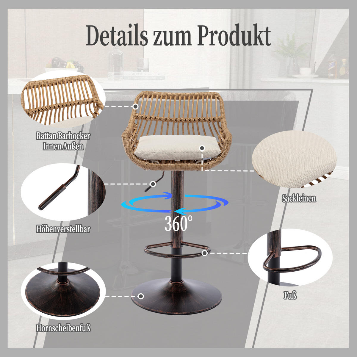 BARHOCKER 2er Set Höhenverstellbar, 360° drehbar, Fußstütze, Rattan - Weiß, Metall (49/109/48cm) - PARAFTA HOME