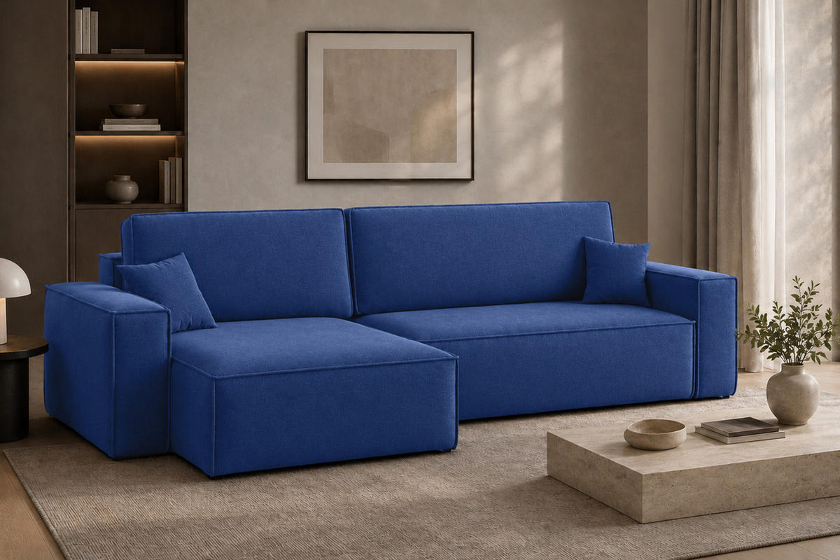 ECKSOFA L-Form Mit Schlaffunktion Und Bettkasten, Veloursstoff Bluvel, Tintenblau, Links, BEST XL - Blau, Holz (274/142cm) - Kaiser Möbel