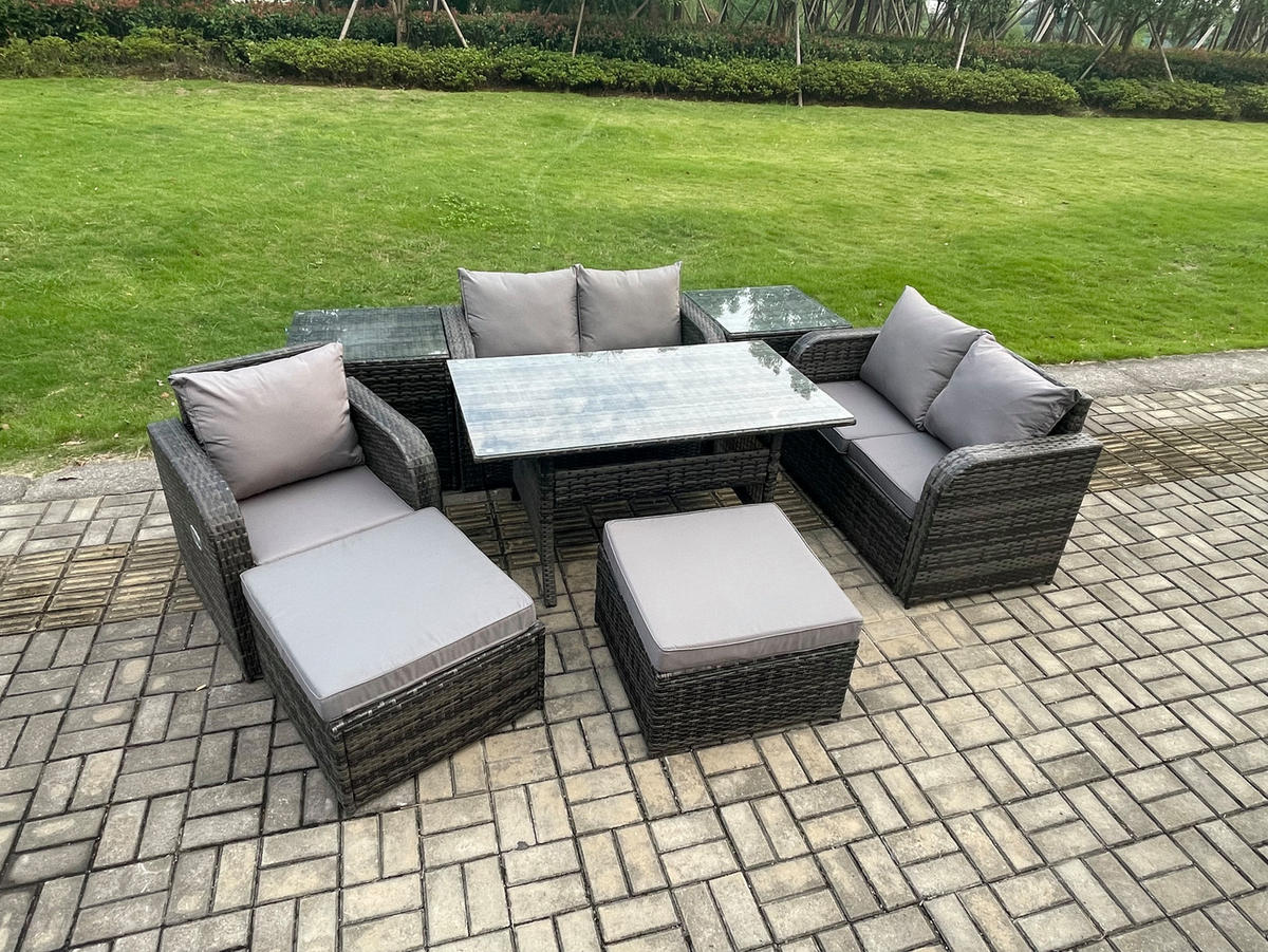 Gartenmöbelset mit Esstisch,Zweisitzer,Beistelltischen Polyrattan Dunkelgrau 7-Sitzer - Dunkelgrau/Grau, Glas/Kunststoff - Fimous