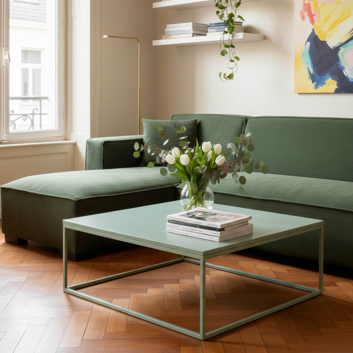 COUCHTISCH 120 cm, Salbeigrün - Grün, Metall (90/90/35cm) - Oviala