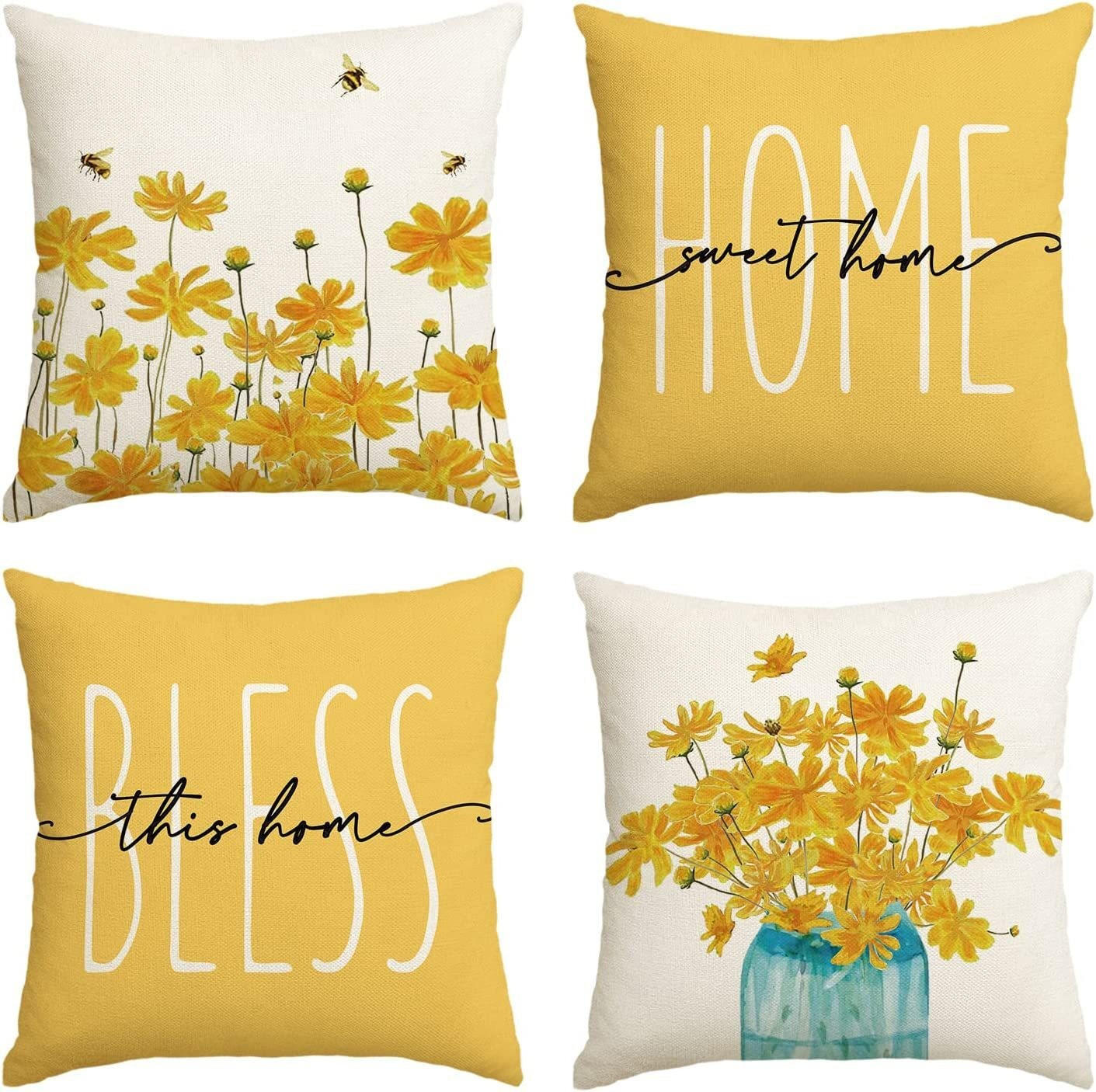 KISSENHÜLLE 4er Set, Blume Biene, Leinen, Cozy Home, 45x45cm - Gelb, Textil (45/45cm) - Weltevree