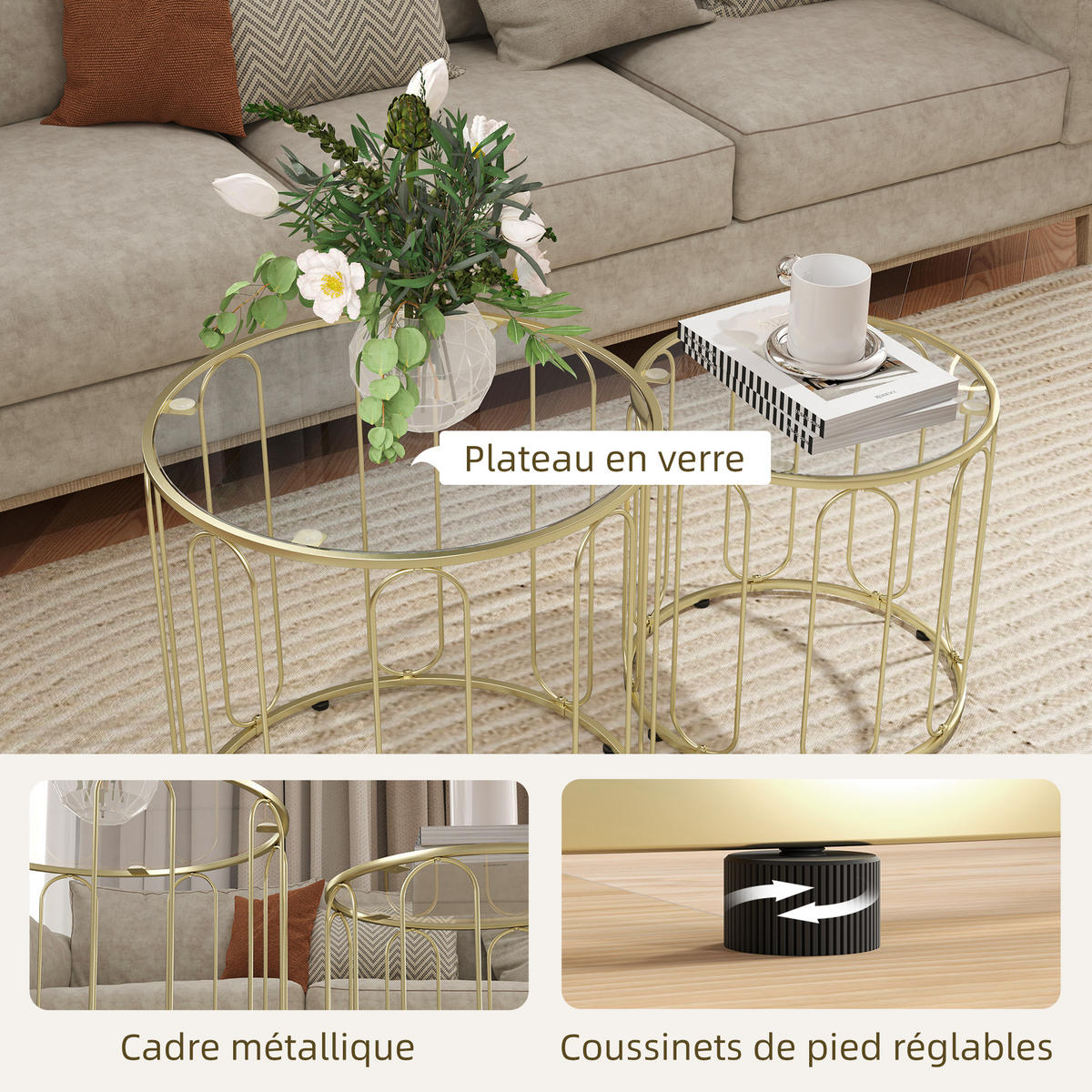 COUCHTISCH DE-15776 2er-Set rund Gold - Goldfarben, Metall (50/50/50cm) - ComfortXL