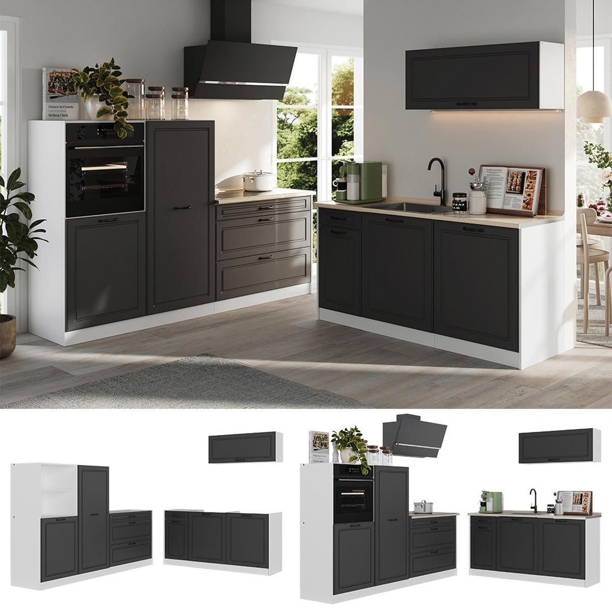 KUCHYNKA R-Line, Antracitový vidiecky dom/biely, 220 cm antrasiitti työtaso - biela/antracitová, kompozitné drevo (220/143/60cm) - Vicco