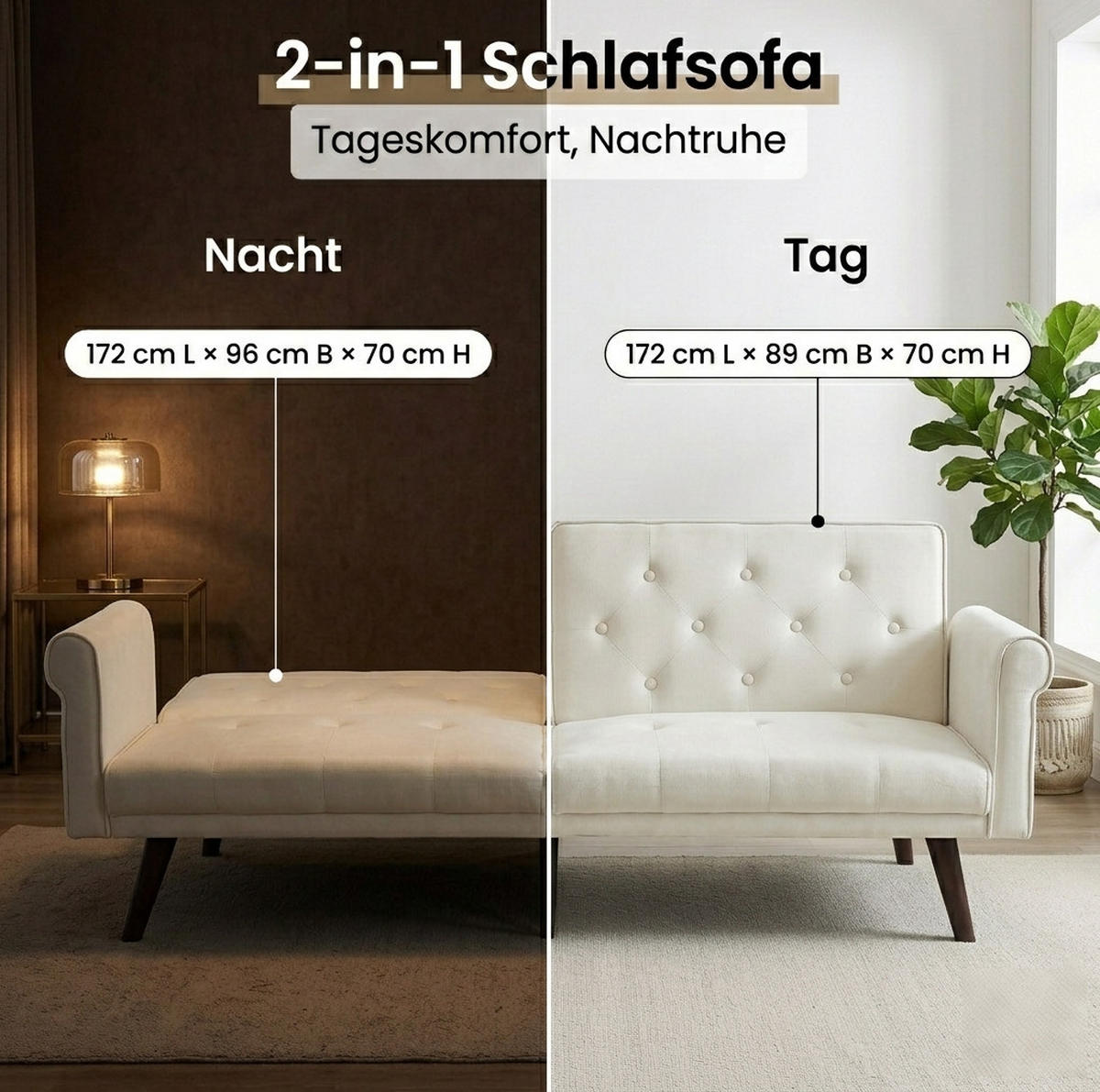 SCHLAFSOFA 2-Sitzer mit verstellbaren Rückenlehnen, 2-in-1 Gästebett und 6-Punkt-Konstruktion, Beige - Beige, Textil (172/70/89cm) - Redom