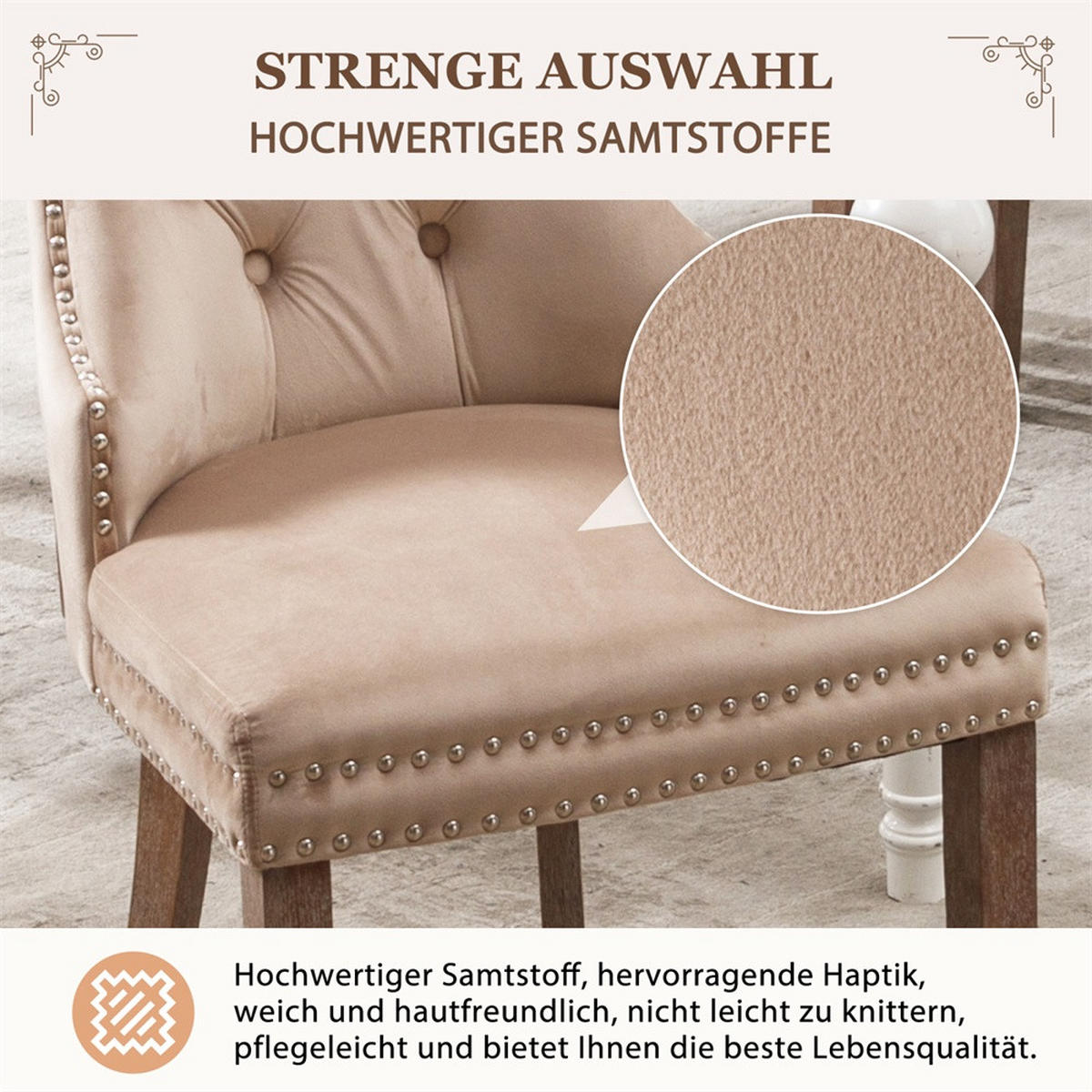 ESSZIMMERSTUHL 2er-Set - Samtbezug mit Knopfheftung, Ziernieten und Griffring - Beige - Beige, Textil (53.5/95/64cm) - DELFA