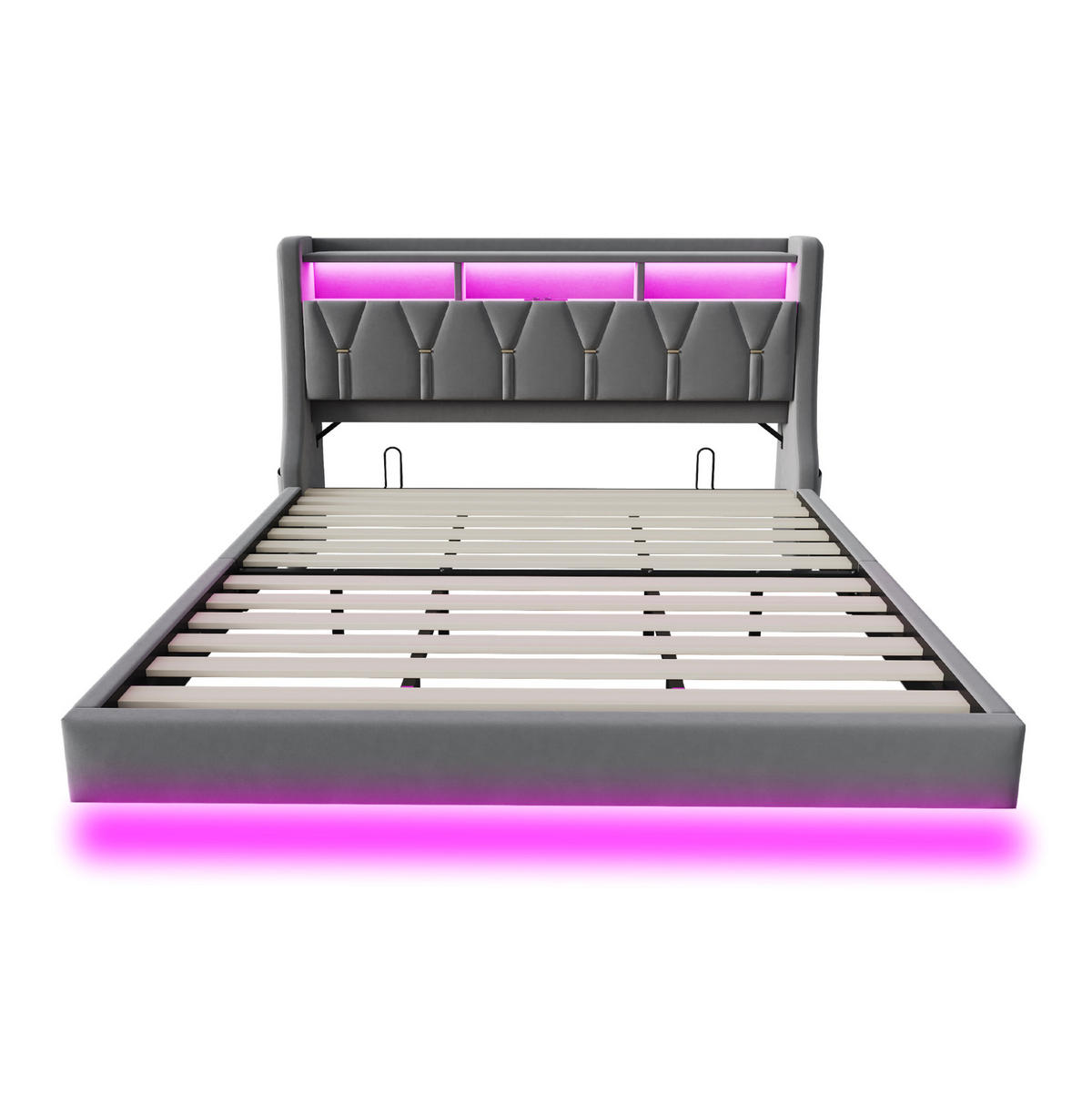 ČALOUNĚNÁ postel 180/200 cm šedá z sametu s LED osvětlením, USB a úložným čelem - šedá, kompozitní dřevo (180/200cm) - OKWISH