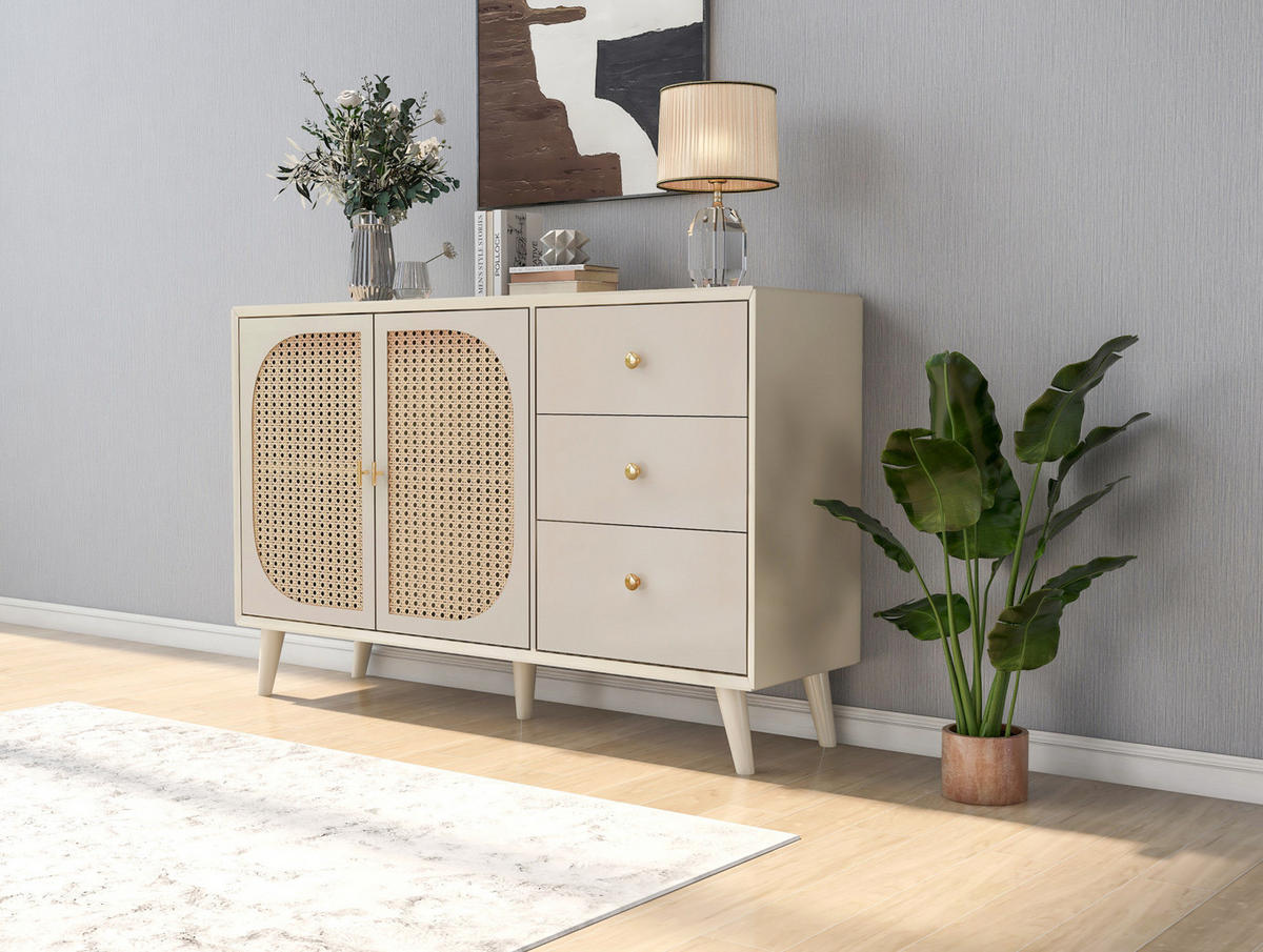 SIDEBOARD mit 2 Türen und 3 Schubladen, Offwhite mit Rattangewebe, 120/40/82,5 cm, Ecru - Ecru, Holzwerkstoff (120/82.5/40cm) - Redom