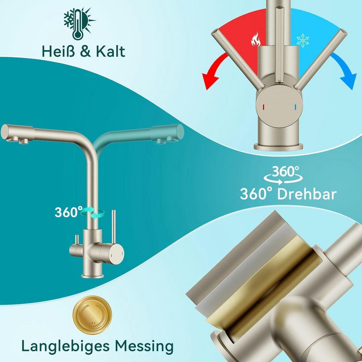 KÜCHENARMATUR 3 Wege mit Trinkwasserauslauf Edelstahl - Silberfarben, Metall (20.3/5.1/27.4cm)