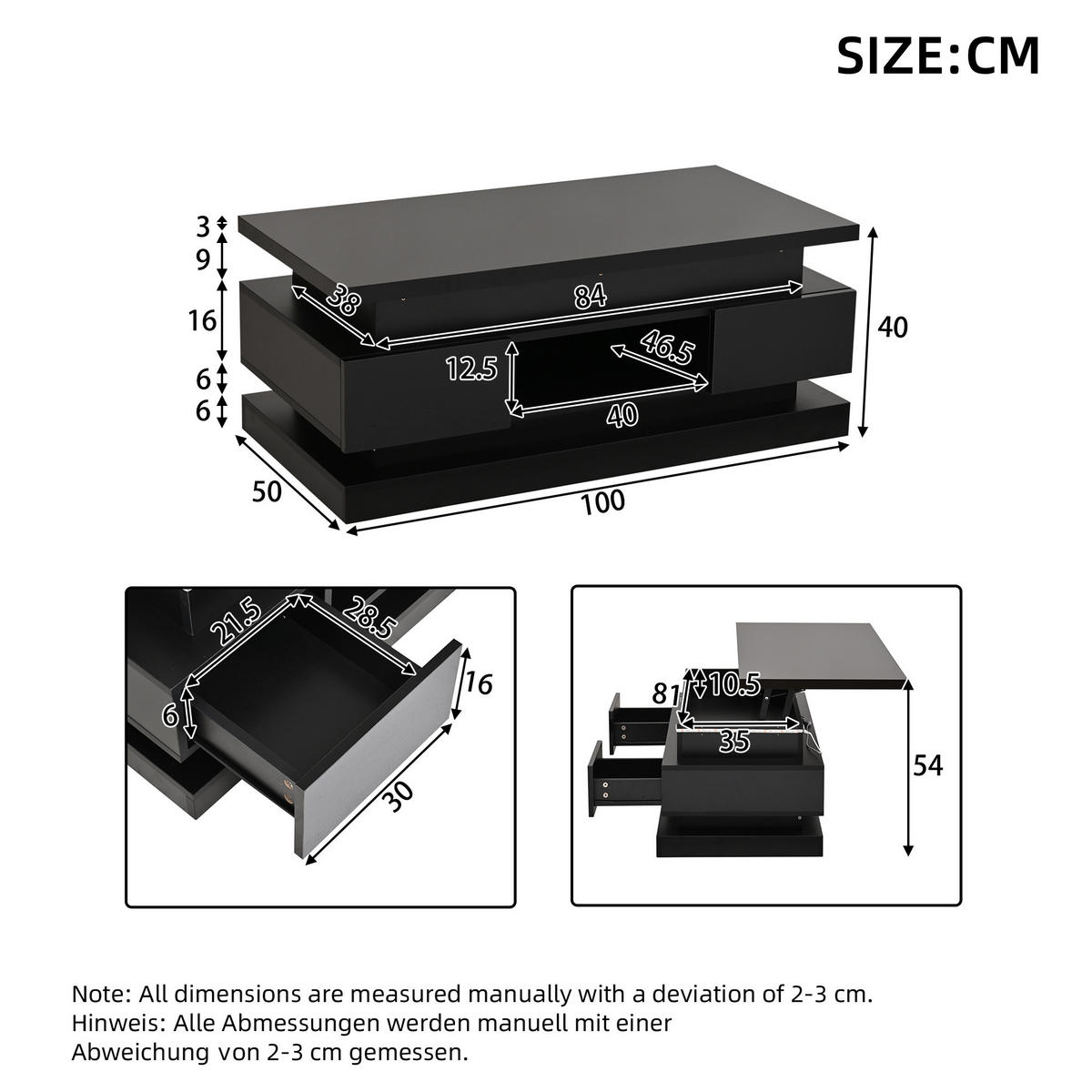 COUCHTISCH 100/50/40 cm Schwarz höhenverstellbar mit LED-Beleuchtung und Stauraum - Schwarz, Holzwerkstoff (100/50/40cm) - OKWISH