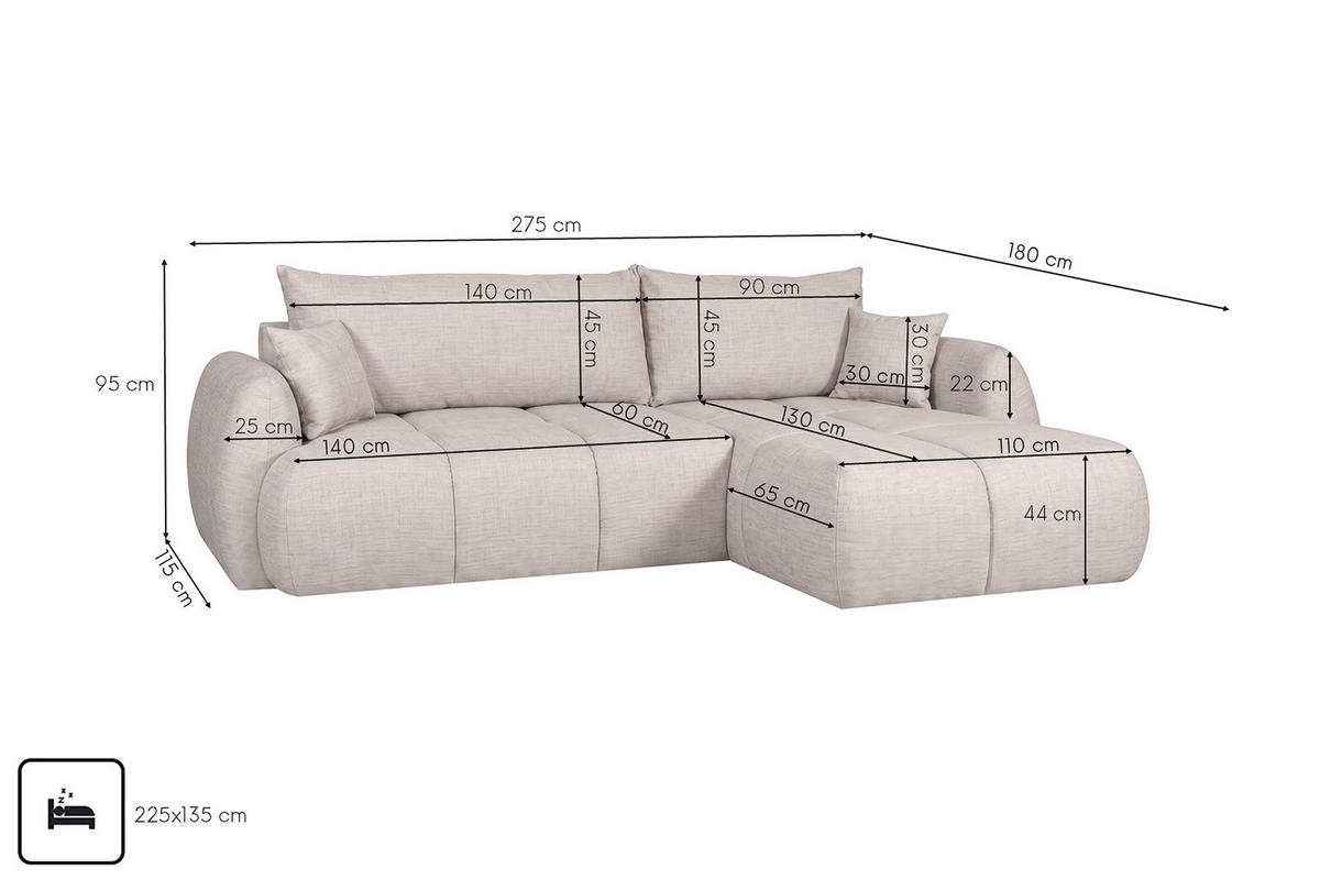 ROHOVÁ SEDAČKA s rozkládací funkcí a úložným prostorem, strukturovaná látka Verita, Béžová, Pravá, COCO - béžová, dřevo (275/180cm) - Kaiser Möbel