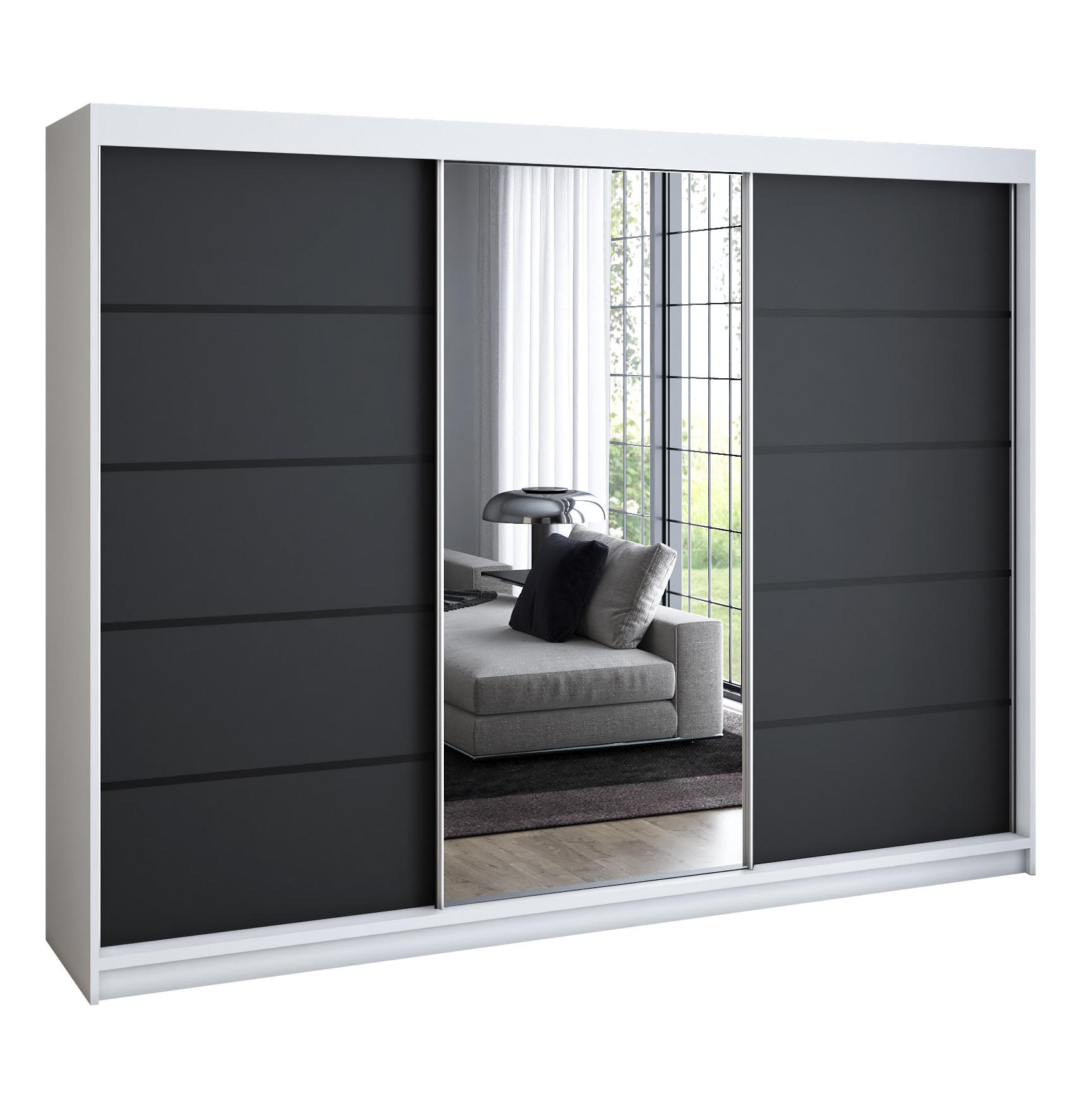 A&J MöbelLand Schwebetürenschrank Weiß, Schwarz 200x215x59.5 cm