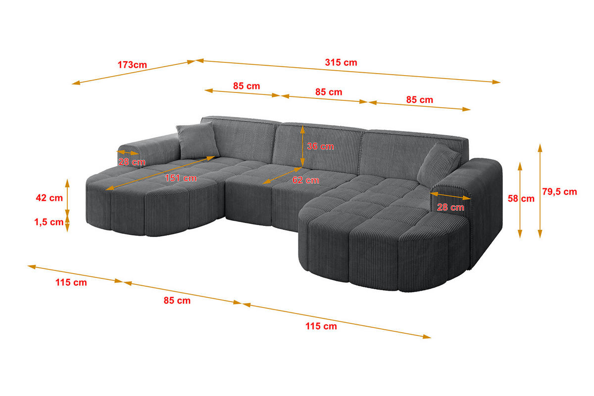 WOHNLANDSCHAFT LIVO-U1 - 315x173x79,5 cm Duneklgrau - Dunkelgrau, Holzwerkstoff/Textil (315/79/173cm) - ALTDECOR