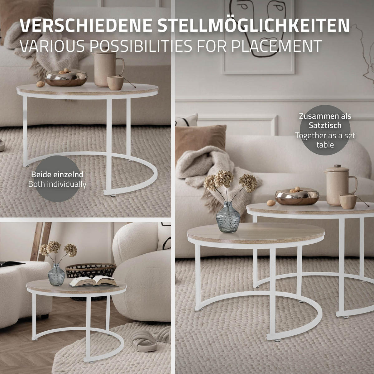 COUCHTISCH rund Sonoma-Eiche-Weiß 74/74/48-59/59/40 cm 2er Set - Weiß, Metall (74/48/74cm) - ML-DESIGN