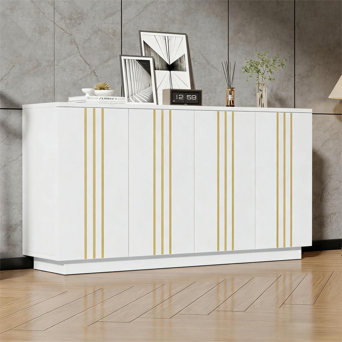 SIDEBOARD Weiß Gold 4 Türen 140cm verstellbare Fächer Modern - Weiß, Holzwerkstoff (35/70/140cm) - FLIEKS