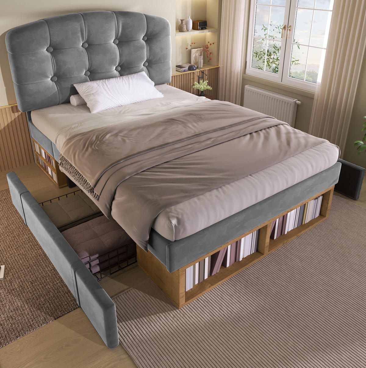 POLSTERBETT 90/200 cm mit höhenverstellbarem Kopfteil, Schubladen und Stauraum, Grau - Grau, Textil (90/200cm) - Redom