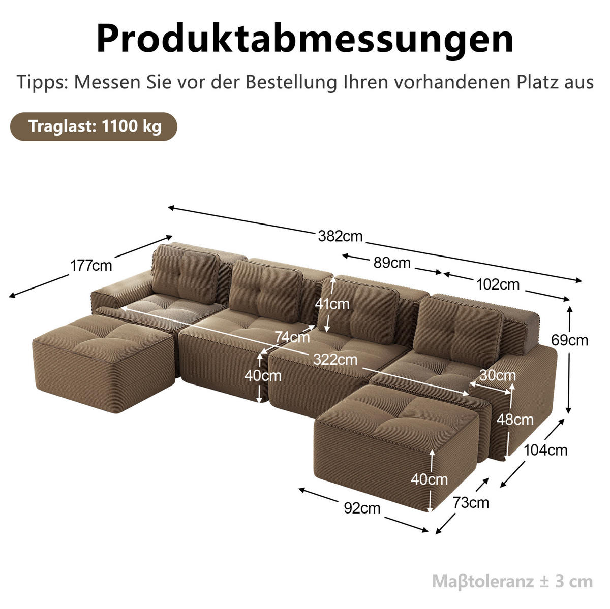 WOHNLANDSCHAFT 382/177/69 cm in Braun aus Cord, modular und montagefrei - Braun, Textil (177/69/382cm) - Flora Grace
