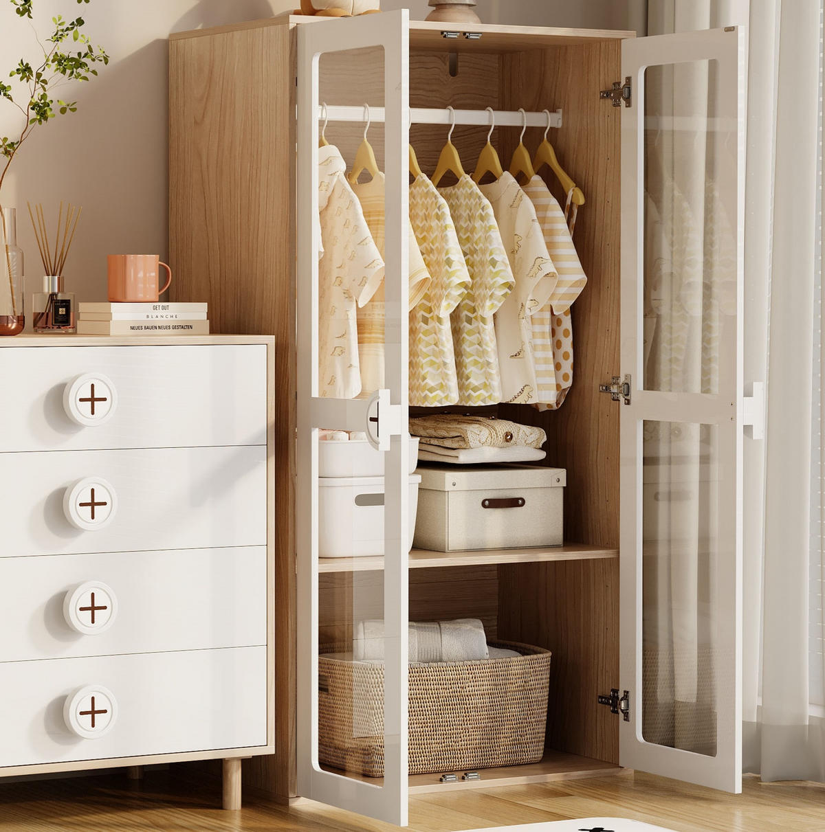 KINDERKLEIDERSCHRANK aus MDF 80x50x150 cm Natur/Weiß mit Acryltüren, Kleiderstange und höhenverstellbaren Regalen - Weiß, Holzwerkstoff (80/150/50cm) - Modfu