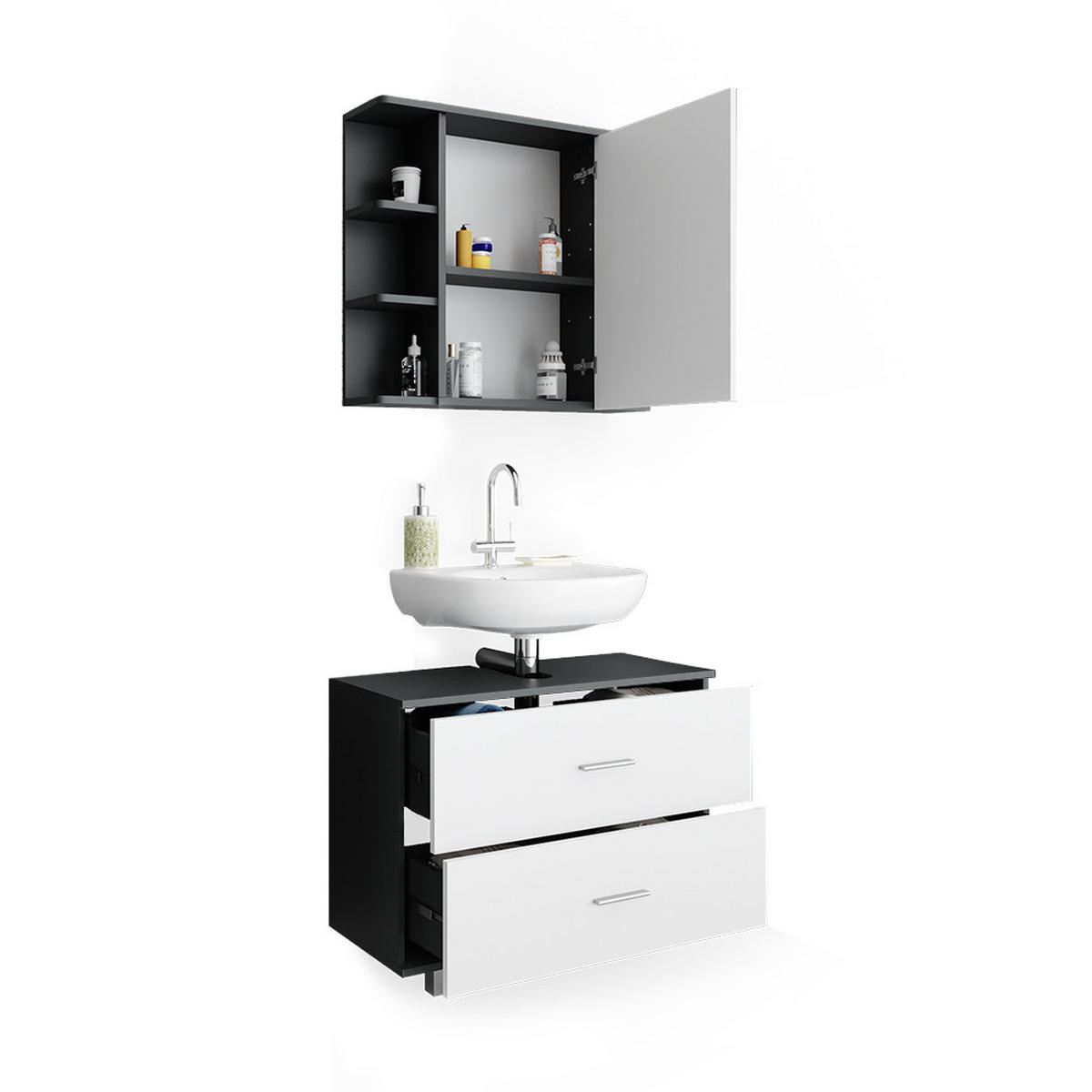 BADMÖBEL-SET Ilias Weiß/Anthrazit 2 Teile, Unterschrank 80 cm - Anthrazit/Weiß, Holzwerkstoff (80.2/60.8/33cm) - Vicco